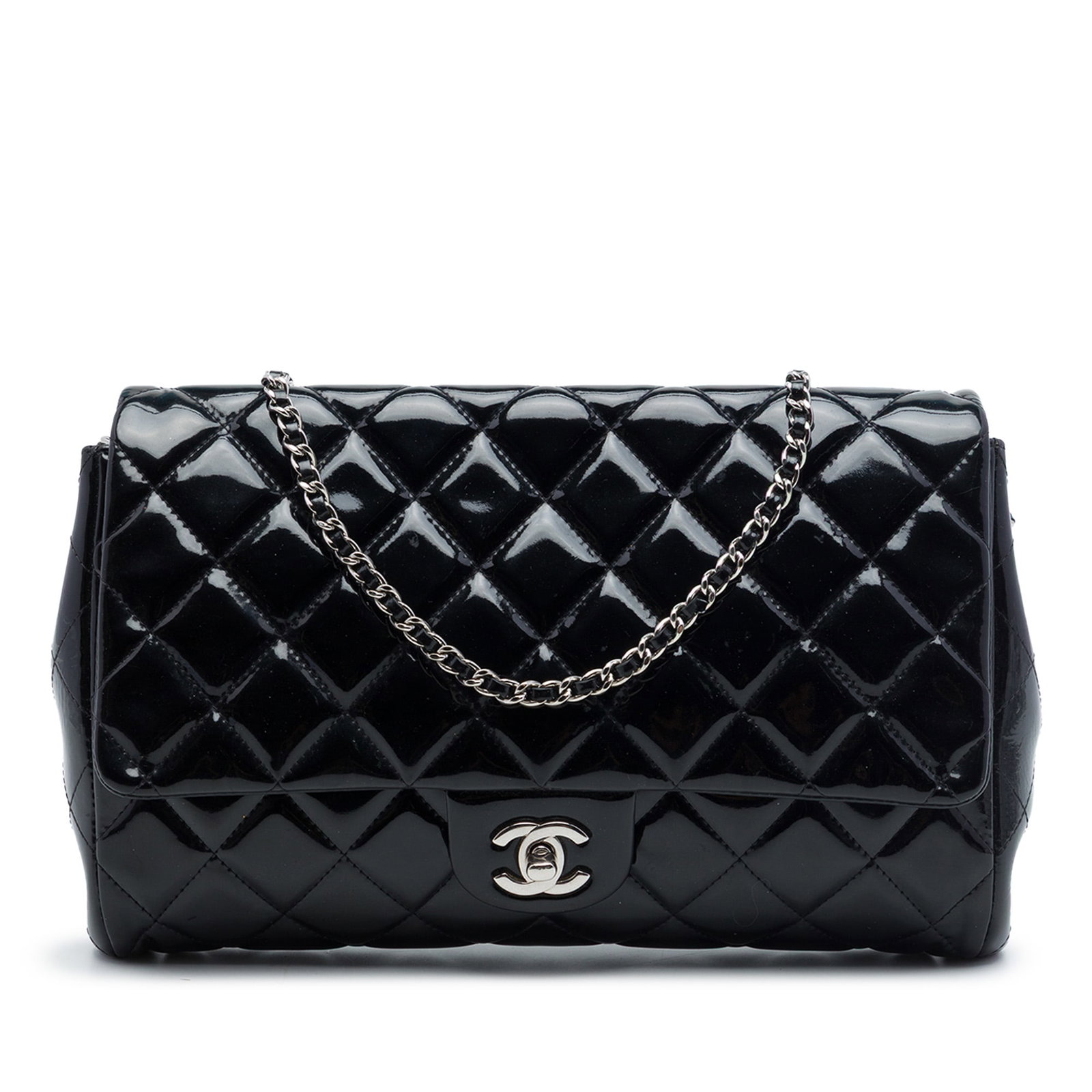 Chanel CC Patent Leather Chain Flap Clutch Bag Black: Chanel CC Patent Leather Chain Flap Clutch Bag Black Quilted patent leather flap clutch with chain featuring a leather-woven chain shoulder strap, front flap with twist lock closure, exterior back sli