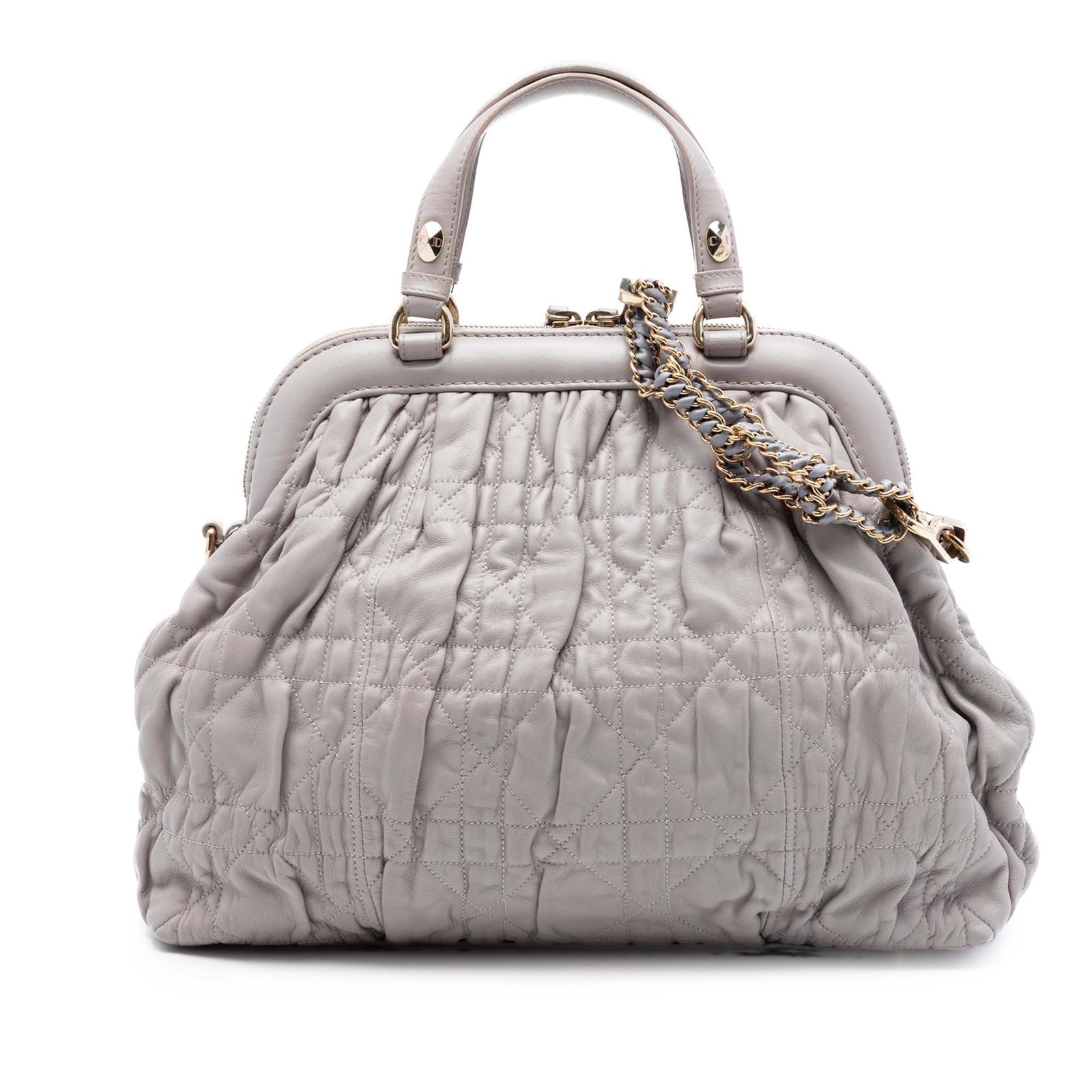Dior Delices Frame Satchel in Gray Lambskin Cannage Leather: Dior Delices Frame Satchel in Gray Lambskin Cannage Leather A Dior Lambskin Gaufre Cannage Delices Frame Satchel in gray leather, made in Italy. This quilted satchel features flat leather top handles,