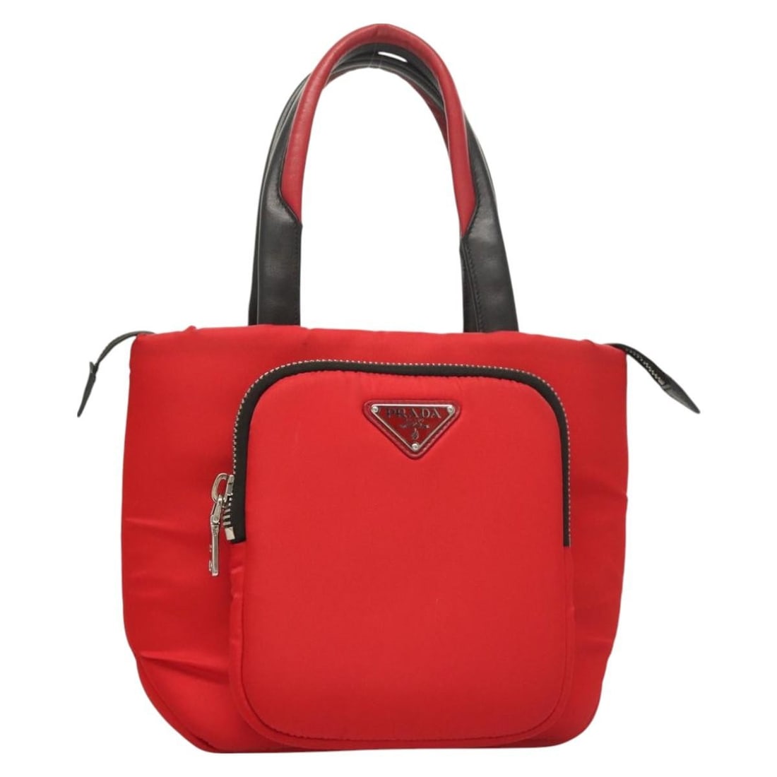 PRADA Red Nylon Hand Bag Silver Tone Made in Italy: PRADA Red Nylon Hand Bag Silver Tone Made in Italy Prada women's nylon handbag in red with silver-tone accents, made in Italy. This handbag is offered without the original item box or dust bag; only t