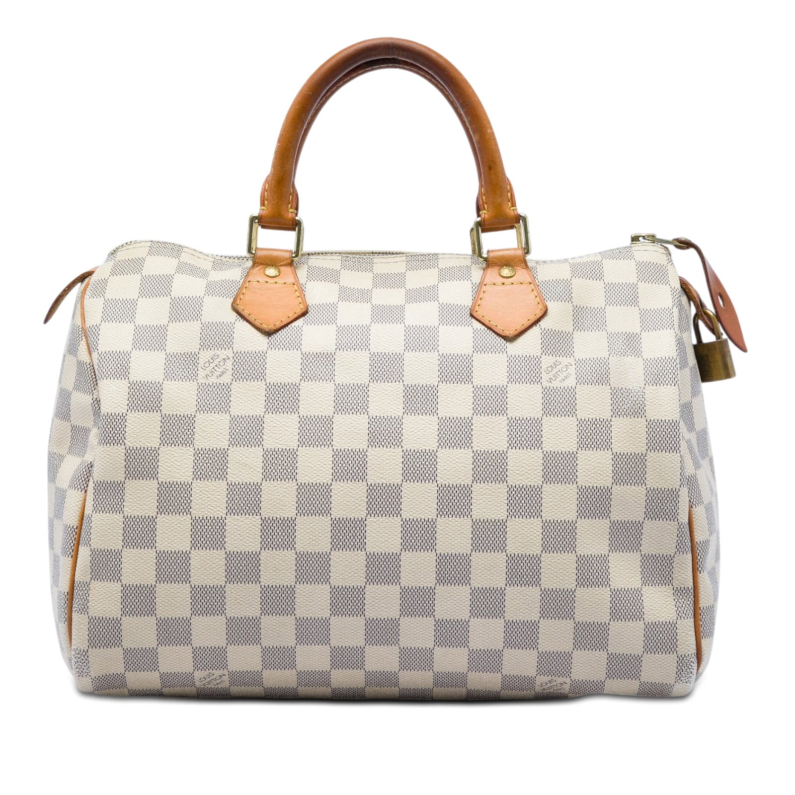 Louis Vuitton Speedy 30 Damier Azur handbag: Louis Vuitton Speedy 30 Damier Azur handbag Louis Vuitton Damier Azur Speedy 30 handbag with a damier canvas body, rolled vachetta leather handles, top zip closure, and an interior pocket. Condition B