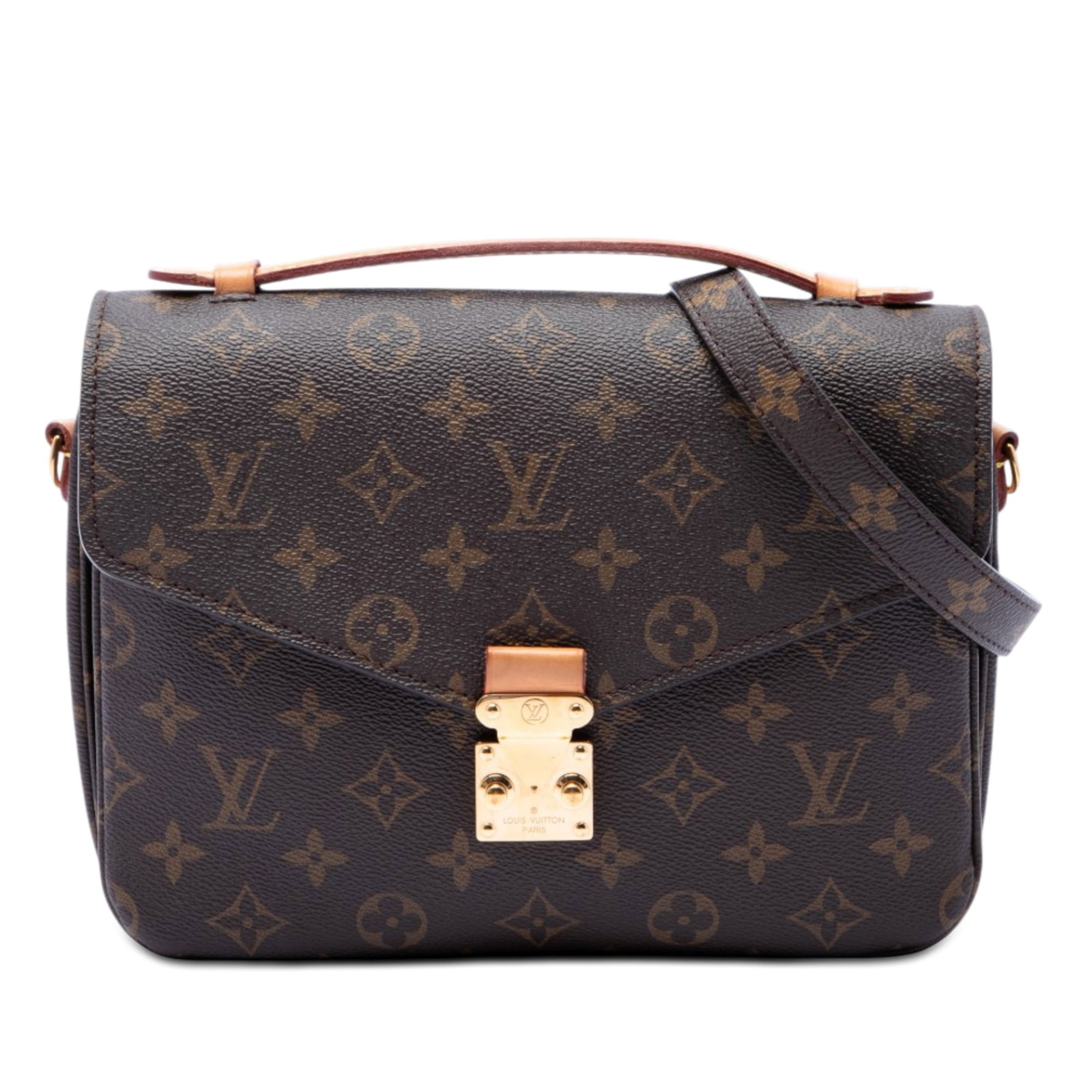 Louis Vuitton Pochette Metis Monogram Shoulder Bag: Louis Vuitton Pochette Metis Monogram Shoulder Bag Louis Vuitton Monogram Pochette Metis handbag with a monogram canvas body, flat vachetta leather top handle, detachable flat shoulder strap, front fl