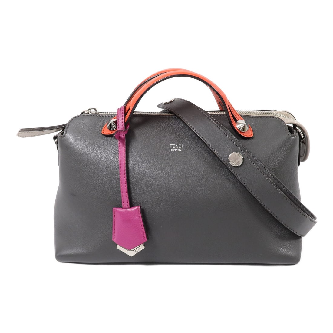 Fendi 8BL124 By The Way Calfskin Shoulder Bag Gray Red: Fendi 8BL124 By The Way Calfskin Shoulder Bag Gray Red Fendi By The Way 2 Way Shoulder Bag in grey and red calfskin leather. This model 8BL124 features a two-way design with a handle and shoulder stra