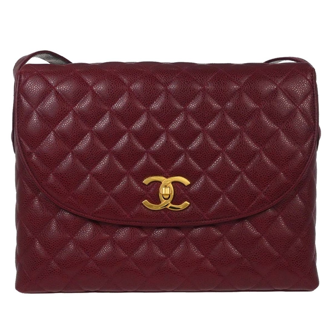 CHANEL Quilted Bordeaux Calfskin Leather Shoulder Bag: CHANEL Quilted Bordeaux Calfskin Leather Shoulder Bag Chanel shoulder bag in bordeaux caviar skin leather with a quilted exterior and turn-lock closure. The bag features one outside pocket plus one in