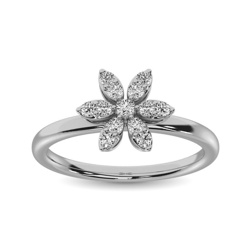 10K White Gold 1/4 Ct.tw Diamond Flower Ring: 10K White Gold 1/4 Ct.tw Diamond Flower Ring This nature inspired design fashioned in cool 10K white gold, this flower ring features a charming daisy set with a glistening array of shimmering Ct.Tw. d