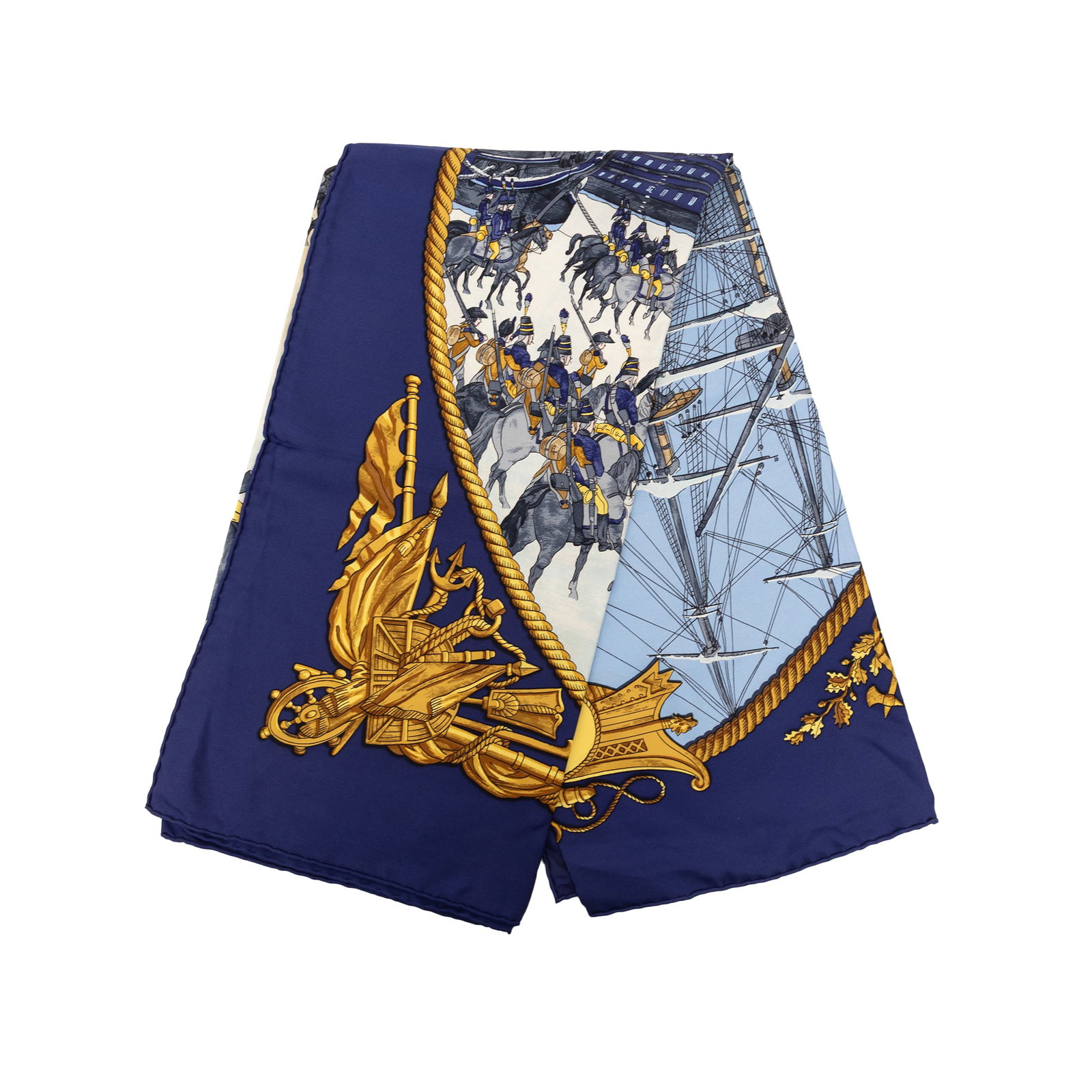 Hermes Marine et Cavalerie 90 Silk Scarf Blue: Hermes Marine et Cavalerie 90 Silk Scarf Blue Hermes Marine et Cavalerie Silk Scarf 90 in blue, featuring the Marine et Cavalerie print on 100% silk. Made in France, this accessory measures 88 cm by 8