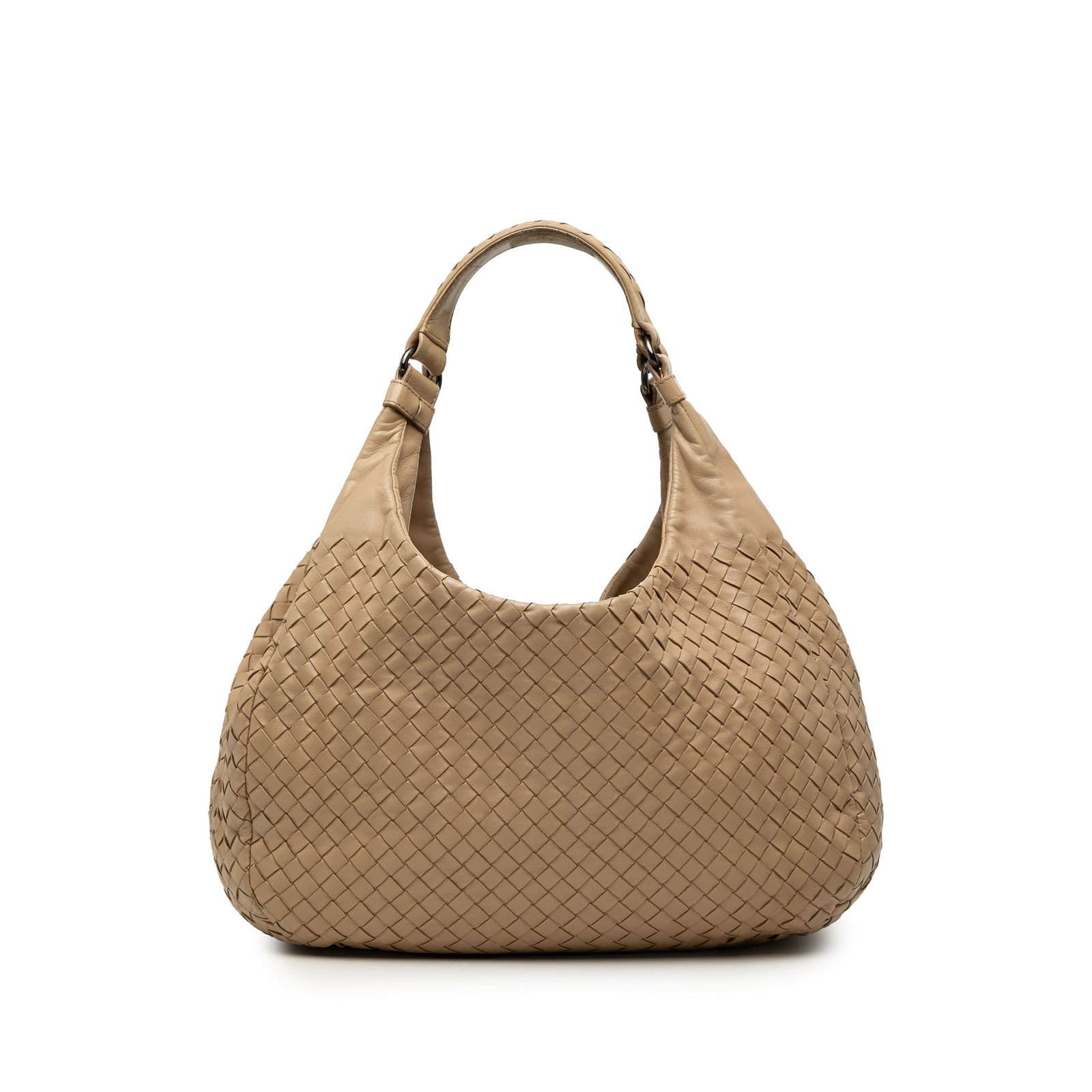 Brown Leather Hobo Bottega Veneta Campana Intrecciato Medium: Brown Leather Hobo Bottega Veneta Campana Intrecciato Medium Bottega Veneta Medium Nappa Intrecciato Campana Hobo crafted in woven leather with flat leather handles, an open top with magnetic snap clo