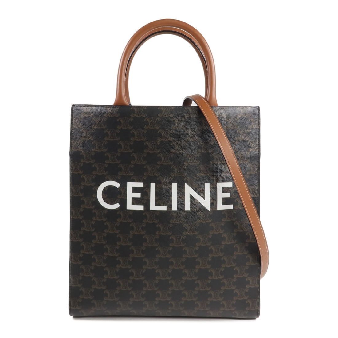 CELINE Triomphe Cabas Vertical Brown PVC Coated Canvas 2 Way Tote: CELINE Triomphe Cabas Vertical Brown PVC Coated Canvas 2 Way Tote Celine Triomphe Cabas Vertical 2-way shoulder tote bag in brown PVC coated canvas. This women's bag features a vertical cabas silhouet