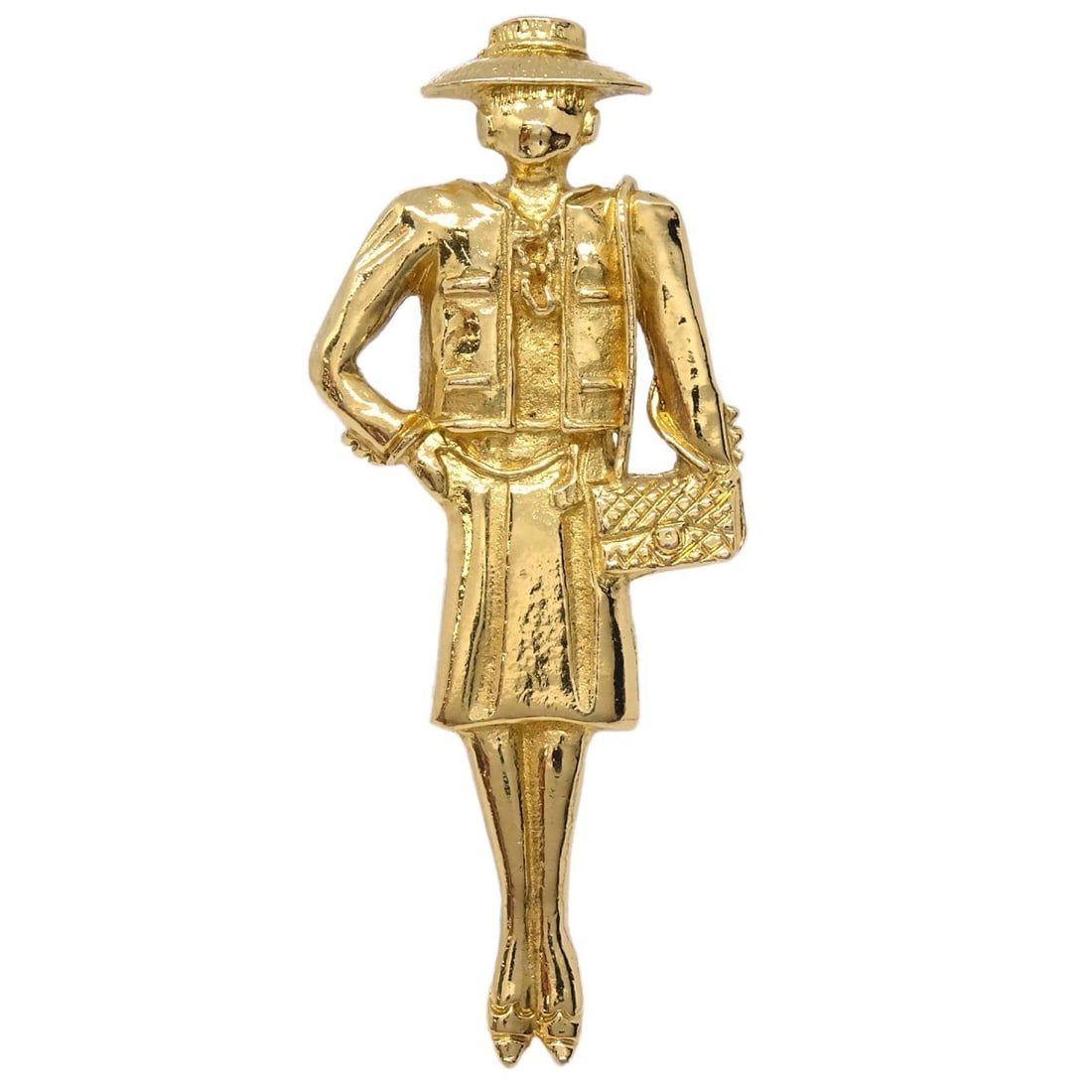 CHANEL Mademoiselle Gold Plated Brooch Pin France: CHANEL Mademoiselle Gold Plated Brooch Pin France Gold-plated Chanel Mademoiselle brooch pin in gold color, made in France. The piece is described as being in good condition with scuffs and rust dirt,
