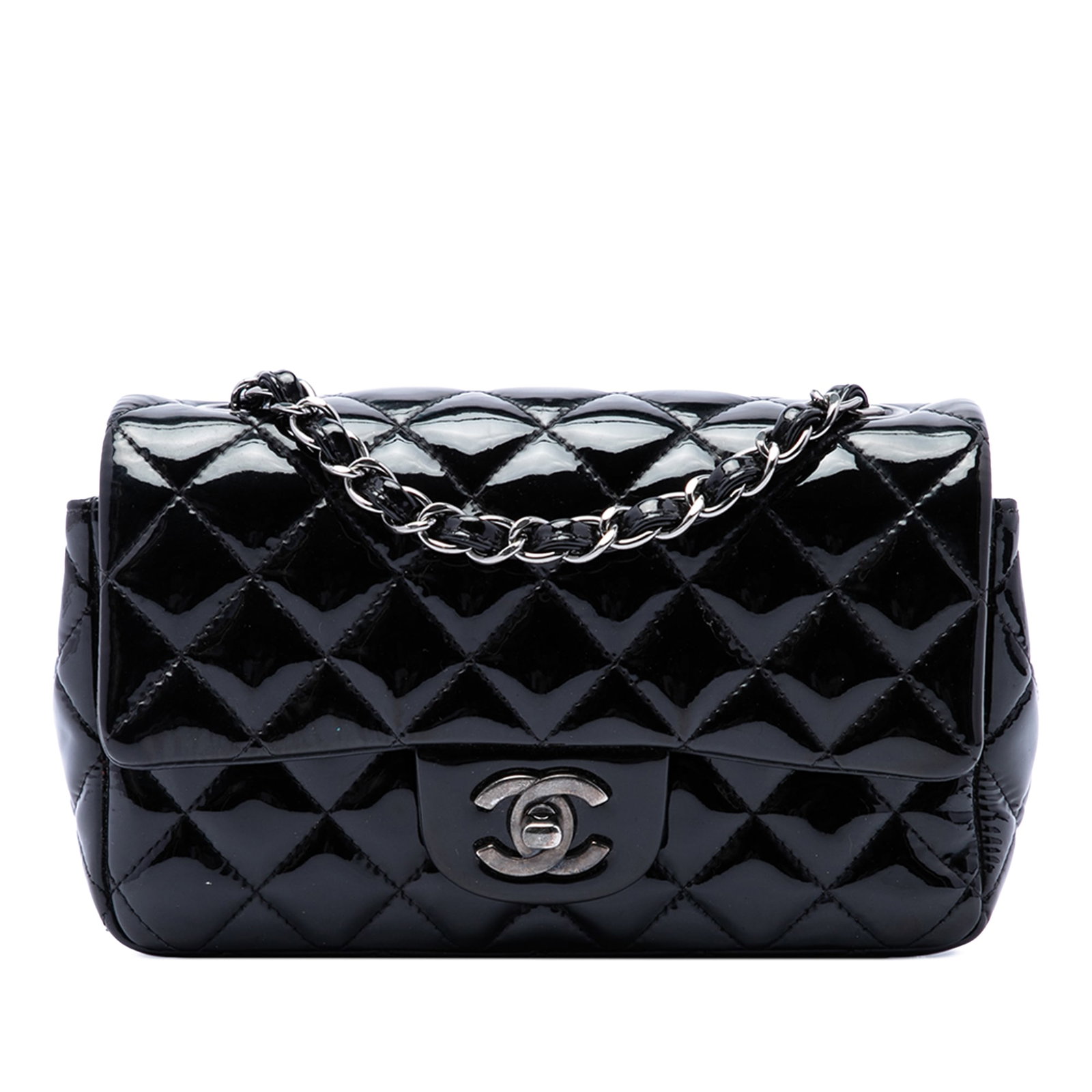 Chanel Mini Rectangular Classic Patent Flap Crossbody Bag Black: Chanel Mini Rectangular Classic Patent Flap Crossbody Bag Black Chanel Mini Rectangular Classic Patent Single Flap crossbody bag in black quilted patent leather. It features a leather-woven chain shou