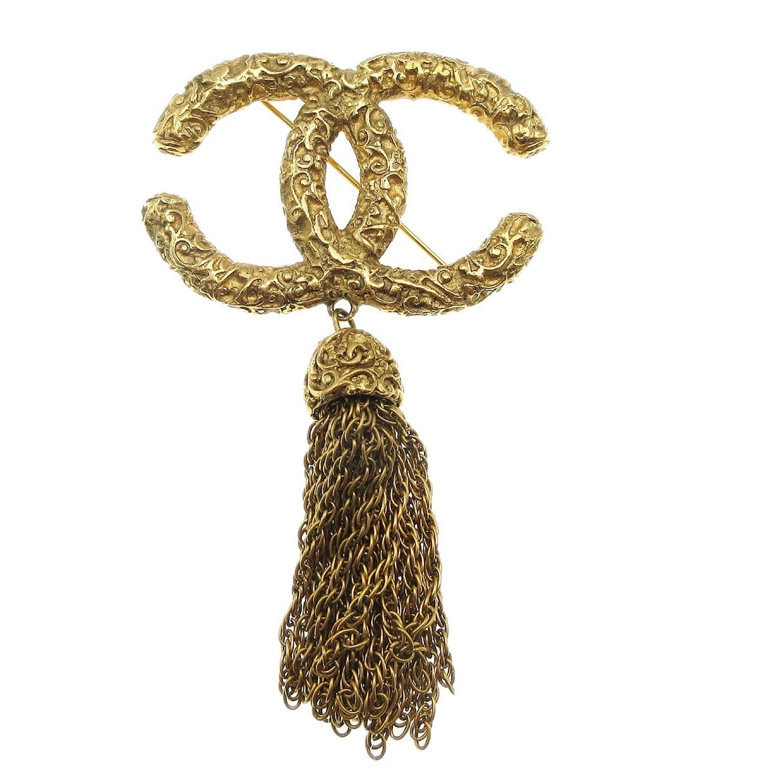 Chanel 93A Gold Plated Fringe Pin Brooch: Chanel 93A Gold Plated Fringe Pin Brooch Vintage Chanel fringe brooch pin in gold-plated metal, featuring the 93A detail and a fringe theme design. Made in France. Condition shows reasonable wear and 