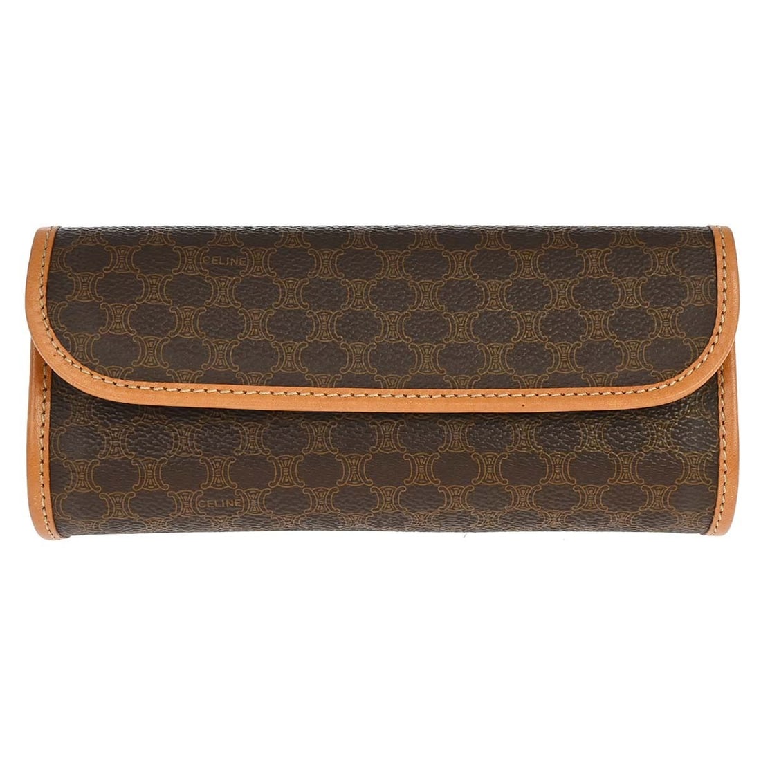 CELINE Macadam Brown PVC Cosmetic Pouch Italy MC99 2: CELINE Macadam Brown PVC Cosmetic Pouch Italy MC99 2 Celine Macadam cosmetic pouch in brown PVC with leather lining, styled as a small clutch. It features the Macadam pattern, a button closure, and lo