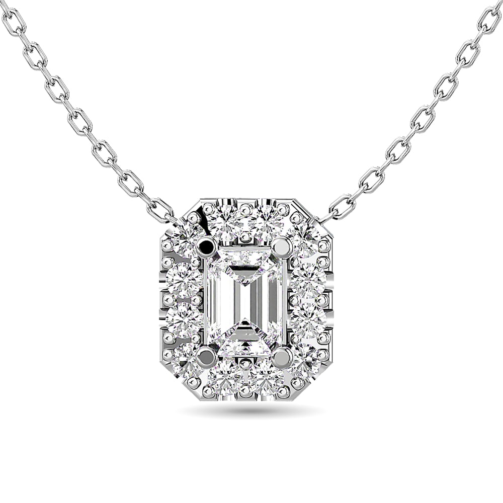 Diamond Emerald Cut Single Halo Pendant 1/4 Ct.tw in 14K White Gold: Diamond Emerald Cut Single Halo Pendant 1/4 Ct.tw in 14K White Gold Diamond Emerald Cut Single Halo Pendant 1/4 Ct.Tw. in 14K White Gold (1/6Ct.Tw. Centre) 14k White Gold Stone Color: Gh Stone Clarity