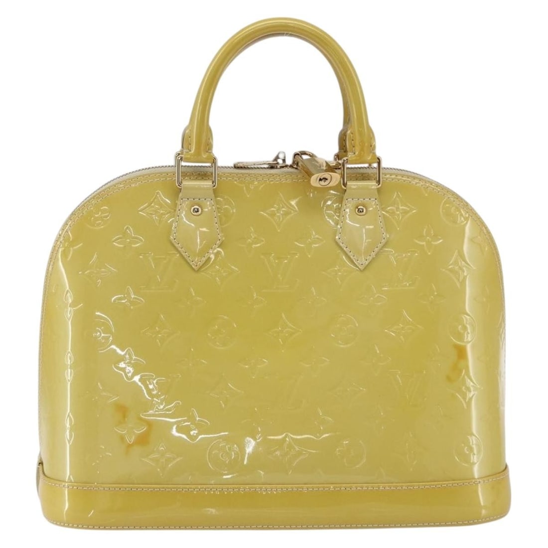 Louis Vuitton Alma Beige Patent Leather Handbag France: Louis Vuitton Alma Beige Patent Leather Handbag France The Louis Vuitton Alma Handbag in Monogram Vernis patent leather features a beige exterior with subtle signs of wear including slight rubbing, su