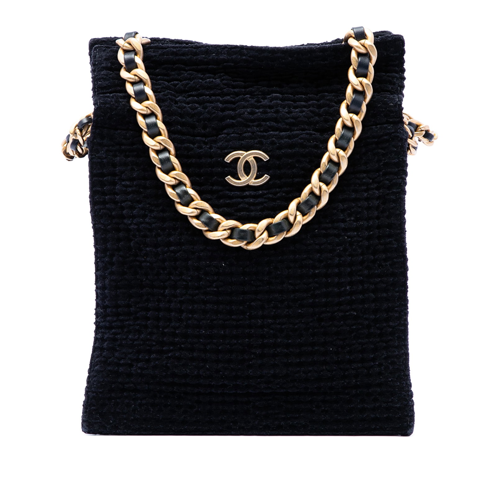 Chanel CC Drawstring Shopping Tote in Cotton Tweed: Chanel CC Drawstring Shopping Tote in Cotton Tweed Chanel CC Cotton Tweed Drawstring Shopping Tote with a tweed body, leather-woven chain link strap, and an open top with a leather-woven drawstring st