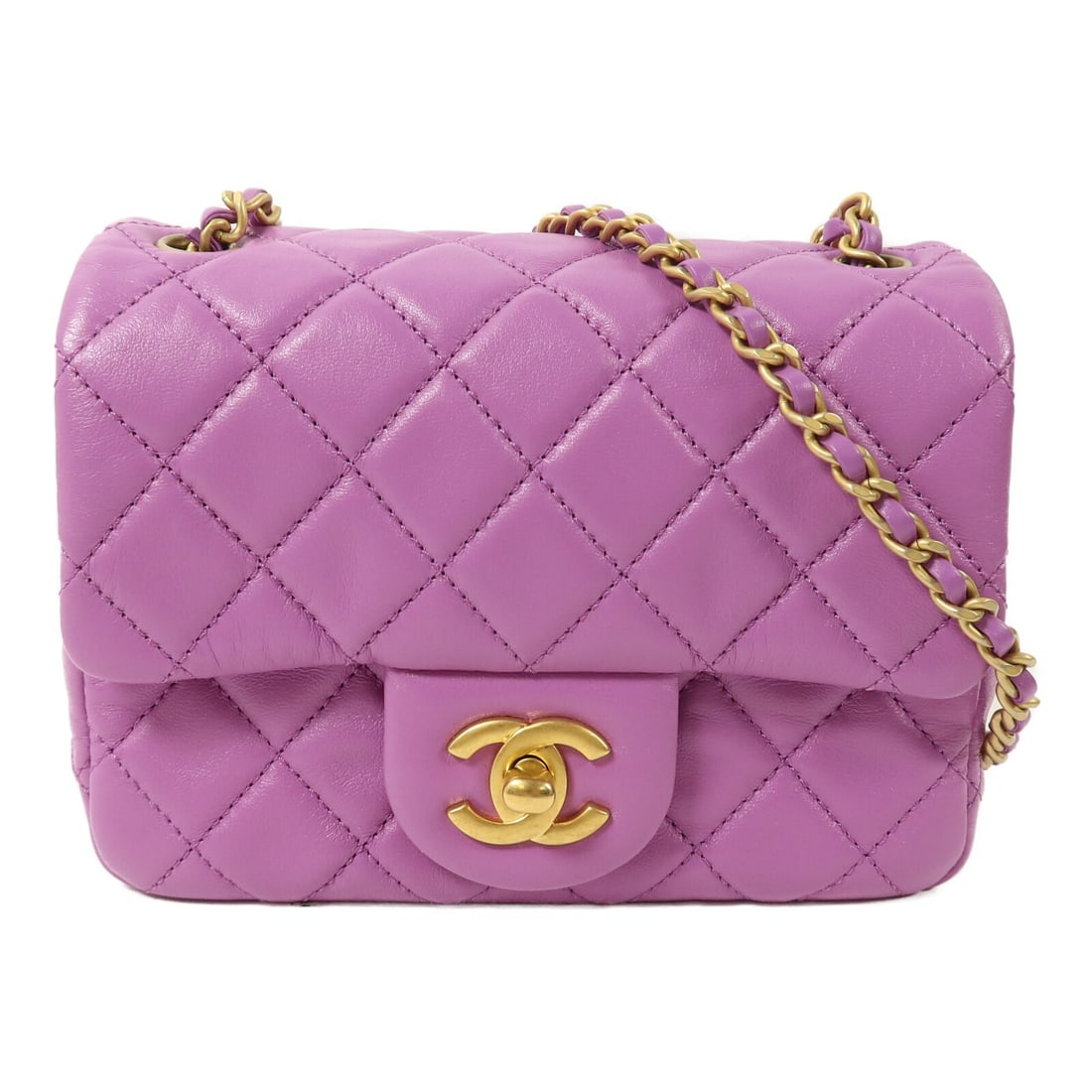 CHANEL A35200 Mini Classic 17 Purple Lambskin Chain Shoulder Bag: CHANEL A35200 Mini Classic 17 Purple Lambskin Chain Shoulder Bag CHANEL CC Mini Classic 17 chain shoulder bag in purple lambskin leather. This women's shoulder bag features a turn-lock closure, an ext