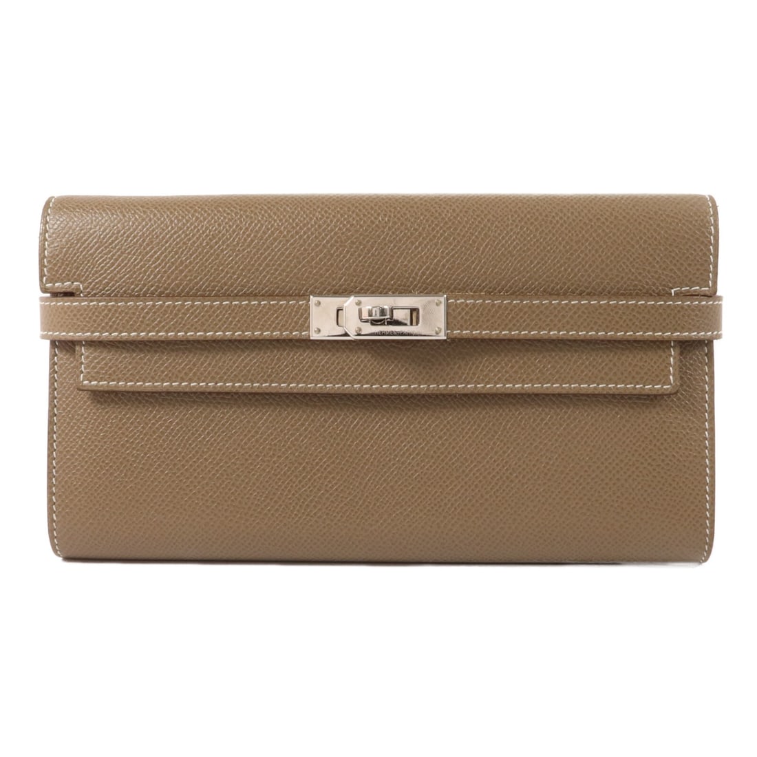 Hermes Kelly Long Bifold Wallet Epsom Calfskin Etoupe PHW: Hermes Kelly Long Bifold Wallet Epsom Calfskin Etoupe PHW A long wallet in Epsom leather and calfskin (cowhide) with PHW hardware, presented in Etoupe Grey. The wallet features two bill compartments, 