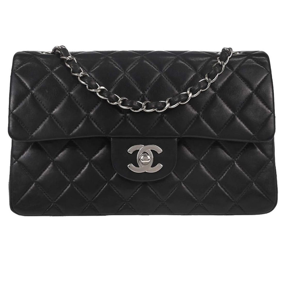 CHANEL Classic Double Flap Small Black Lambskin Shoulder Bag: CHANEL Classic Double Flap Small Black Lambskin Shoulder Bag Chanel Small Classic Double Flap shoulder bag in black lambskin with matelasse quilting and a flap turnlock closure. This women's shoulder 