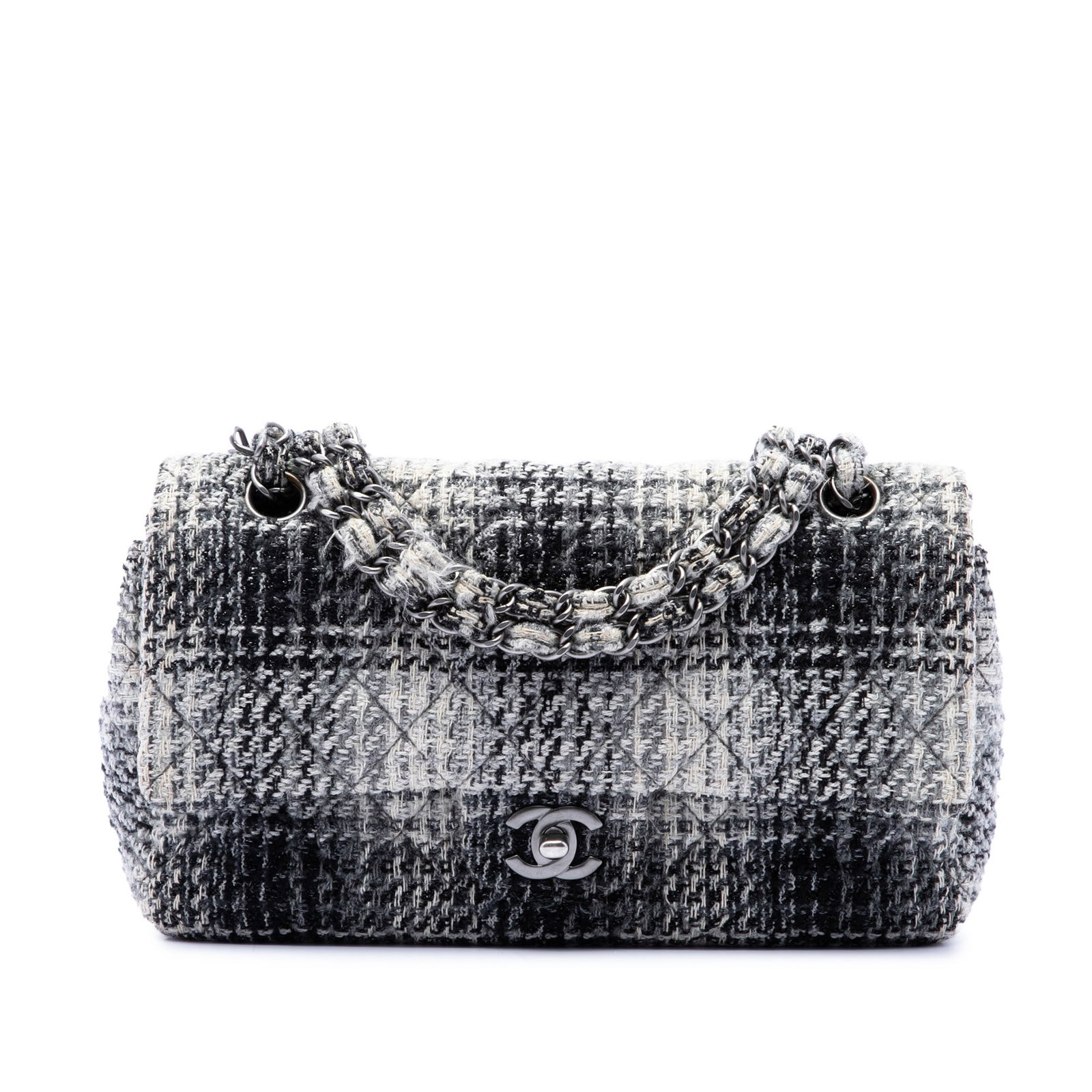 Chanel Medium Classic Double Flap Shoulder Bag in Black Tweed: Chanel Medium Classic Double Flap Shoulder Bag in Black Tweed A Chanel Medium Classic Quilted Tweed Double Flap shoulder bag in black fabric, made in Italy. It features a quilted tweed body, tweed wov