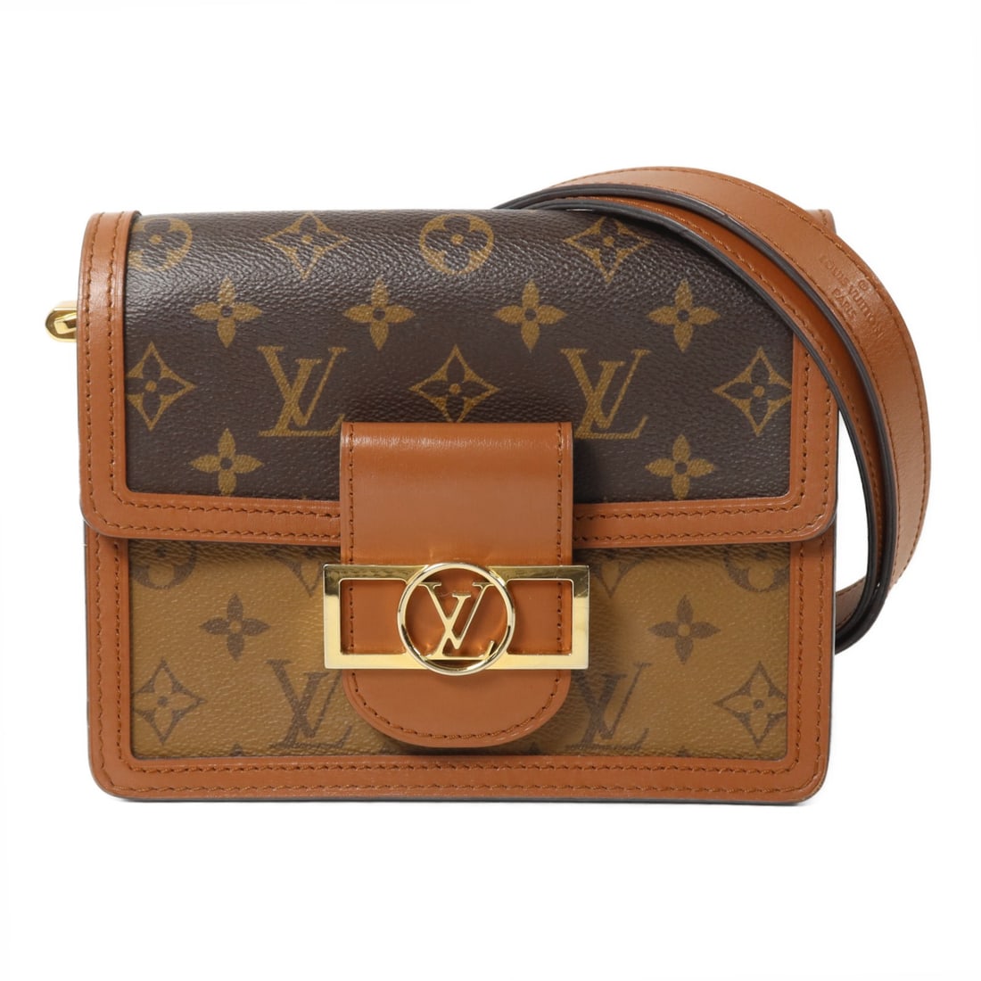 Louis Vuitton Mini Dauphine M45959 Shoulder Bag Monogram Reverse Brown: Louis Vuitton Mini Dauphine M45959 Shoulder Bag Monogram Reverse Brown Louis Vuitton Mini Dauphine shoulder bag in brown Monogram Reverse PVC coated canvas. This women's bag features a flap design wit