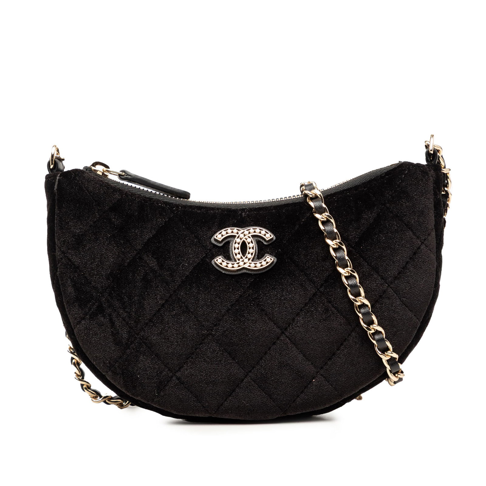 Chanel black velour half moon crossbody bag: Chanel black velour half moon crossbody bag This Chanel CC Quilted Velour Half Moon Chain Crossbody bag features a black fabric body with a crystal-embellished Chanel logo and a gold-tone flat woven l
