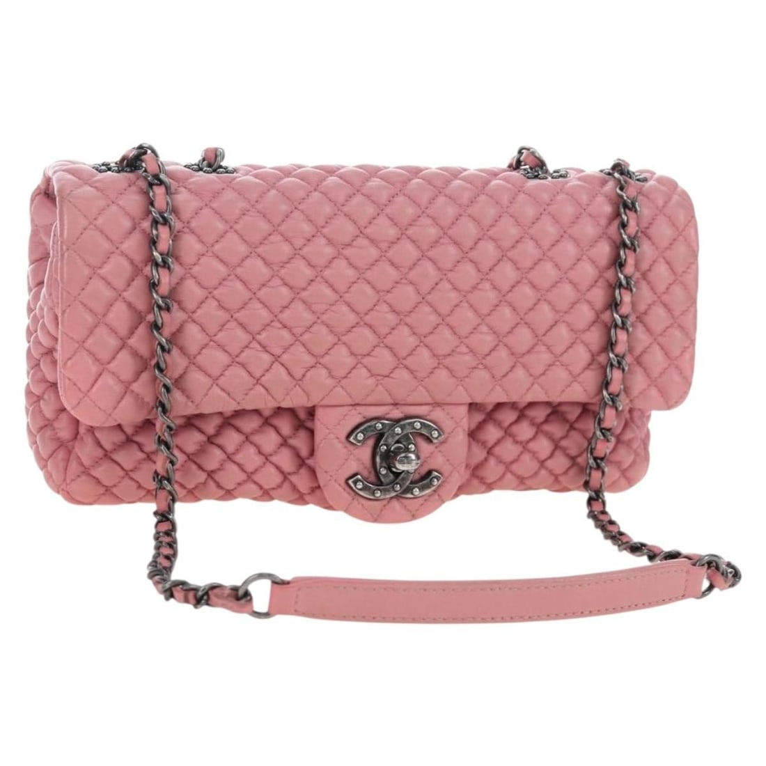 CHANEL Dallas Matelasse Lambskin Shoulder Bag Pink Silver Tone: CHANEL Dallas Matelasse Lambskin Shoulder Bag Pink Silver Tone CHANEL Matelasse Dallas chain shoulder bag in pink lamb skin with silver-tone CC detailing. This women's shoulder bag includes a guarante