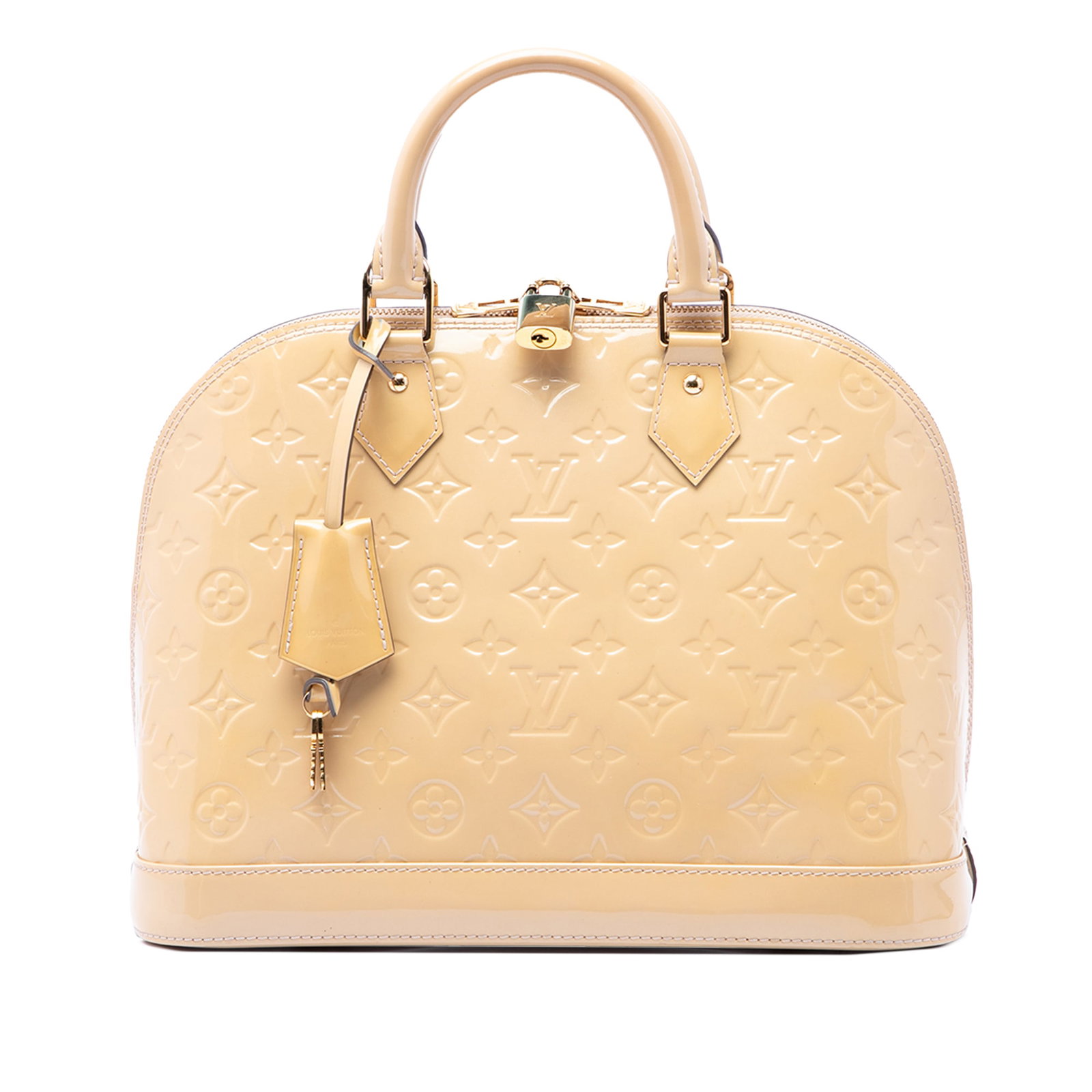 Louis Vuitton Alma PM Monogram Vernis leather handbag: Louis Vuitton Alma PM Monogram Vernis leather handbag Louis Vuitton Monogram Vernis Alma PM handbag with a vernis leather body, rolled handles, top zip closure, and interior slip pockets. Made in Fran