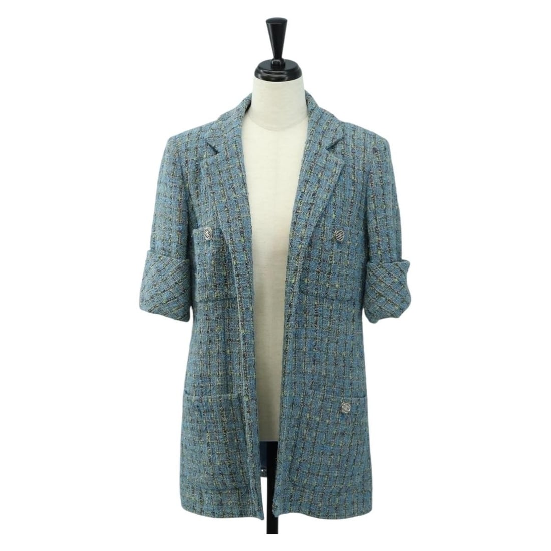 CHANEL Womens Tweed Jacket Size 40 Blue Silver Cotton (1 of 13)