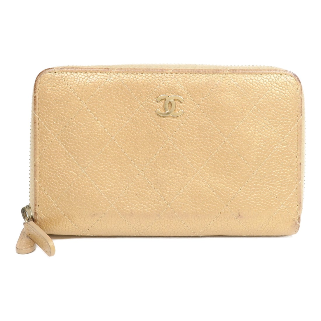 CHANEL CC Round Zip Wallet Gold Calfskin Leather: CHANEL CC Round Zip Wallet Gold Calfskin Leather CHANEL round zipper wallet in gold calfskin (cowhide) leather, designed for women. It features a gold frame color, a zipper closure, two inside zip poc