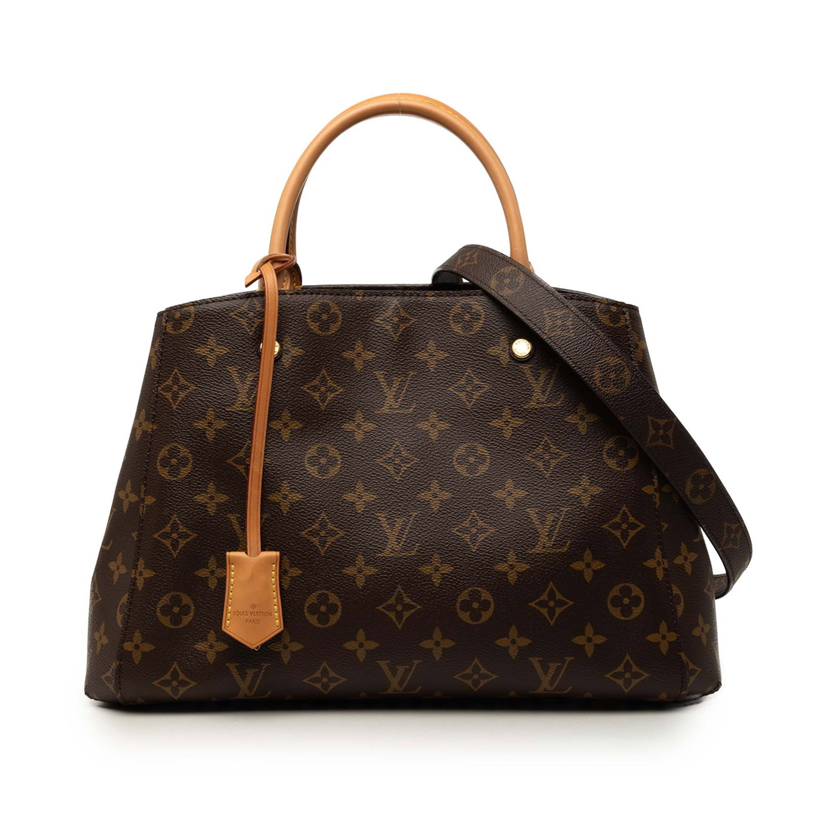 Louis Vuitton Montaigne MM Monogram Canvas Handbag Brown: Louis Vuitton Montaigne MM Monogram Canvas Handbag Brown Louis Vuitton Monogram Montaigne MM handbag with monogram canvas body, rolled handles, a detachable flat strap, and an open top with clasp clos