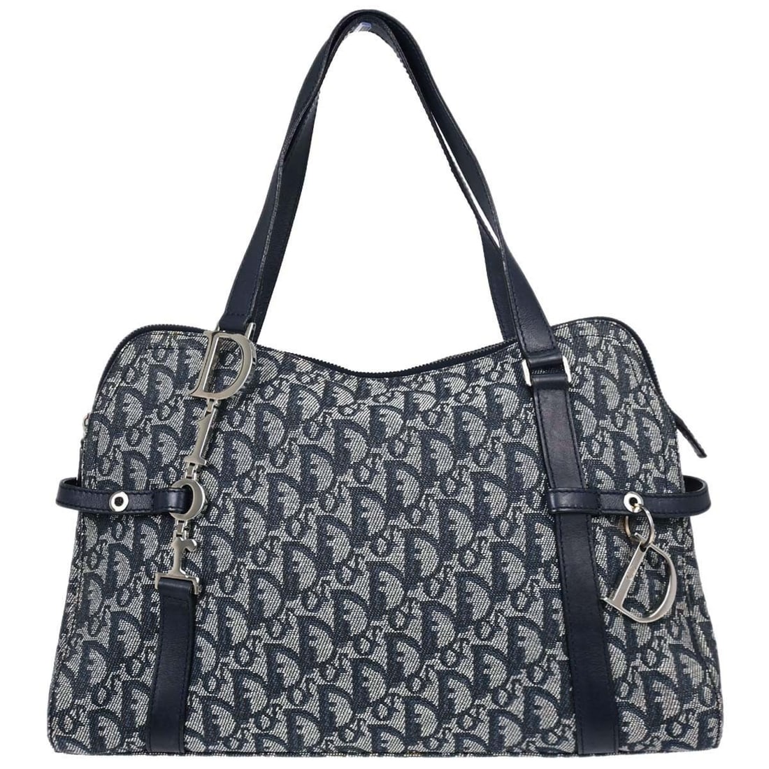 Dior Trotter Navy Canvas Leather Shoulder Bag 06-BO-0095: Dior Trotter Navy Canvas Leather Shoulder Bag 06-BO-0095 Christian Dior Trotter handbag in navy canvas and leather with a shoulder strap and Velcro closure. This women's satchel/top handle bag is made