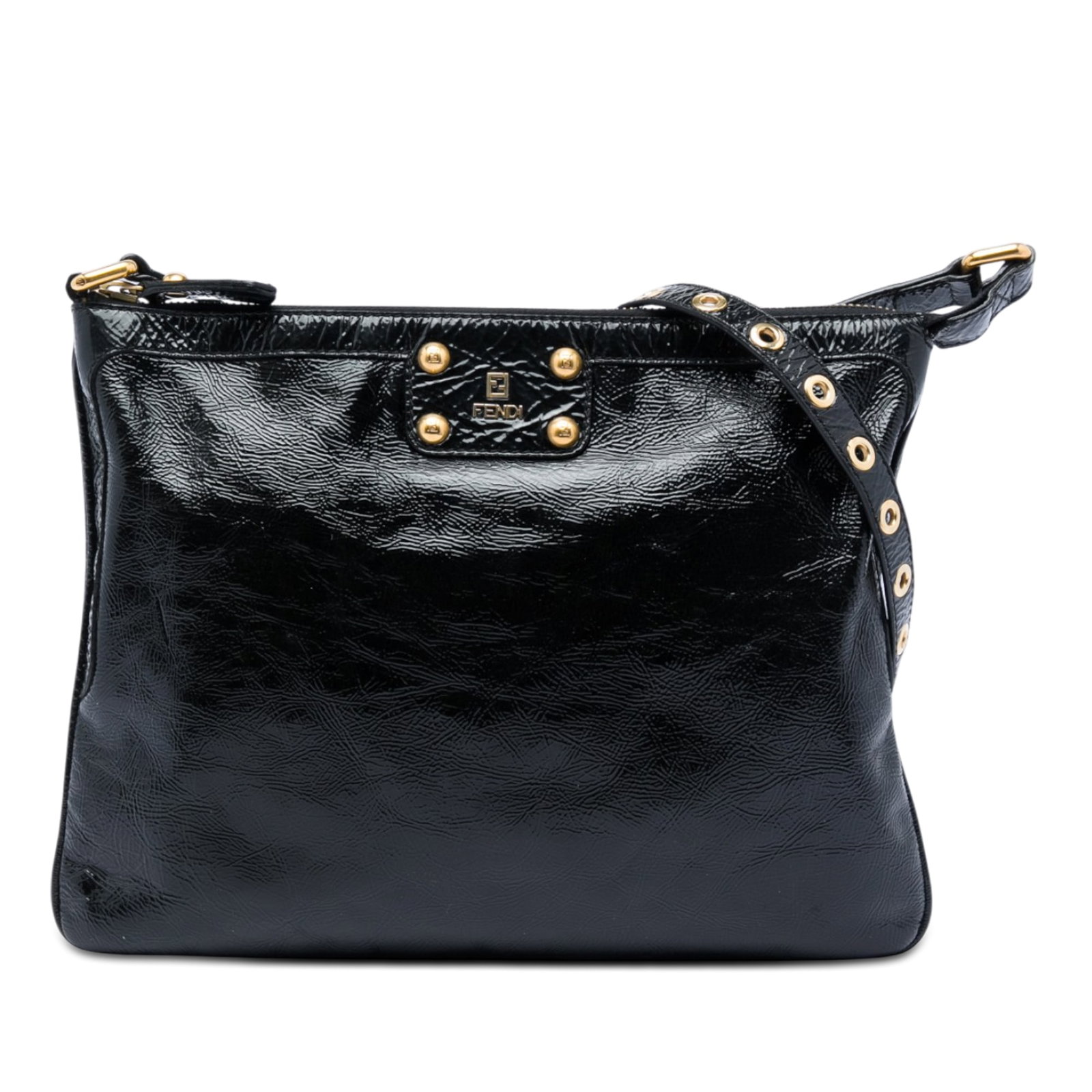 Fendi Crinkled Patent Leather Crossbody Bag Black: Fendi Crinkled Patent Leather Crossbody Bag Black Fendi Crinkled Patent Crossbody bag in black, made in Italy. It features a patent leather body, a flat strap, a top zip closure, and an interior slip 