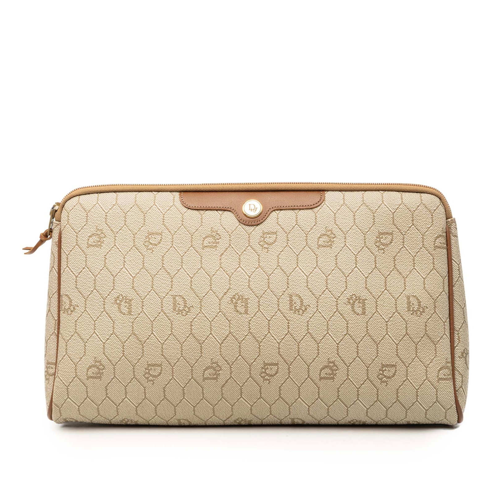 Dior Honeycomb Zip Clutch Bag in Coated Canvas: Dior Honeycomb Zip Clutch Bag in Coated Canvas Dior Honeycomb Coated Canvas Clutch bag in beige, featuring a coated canvas body with leather trim and a top zip closure. Made in France, this clutch is