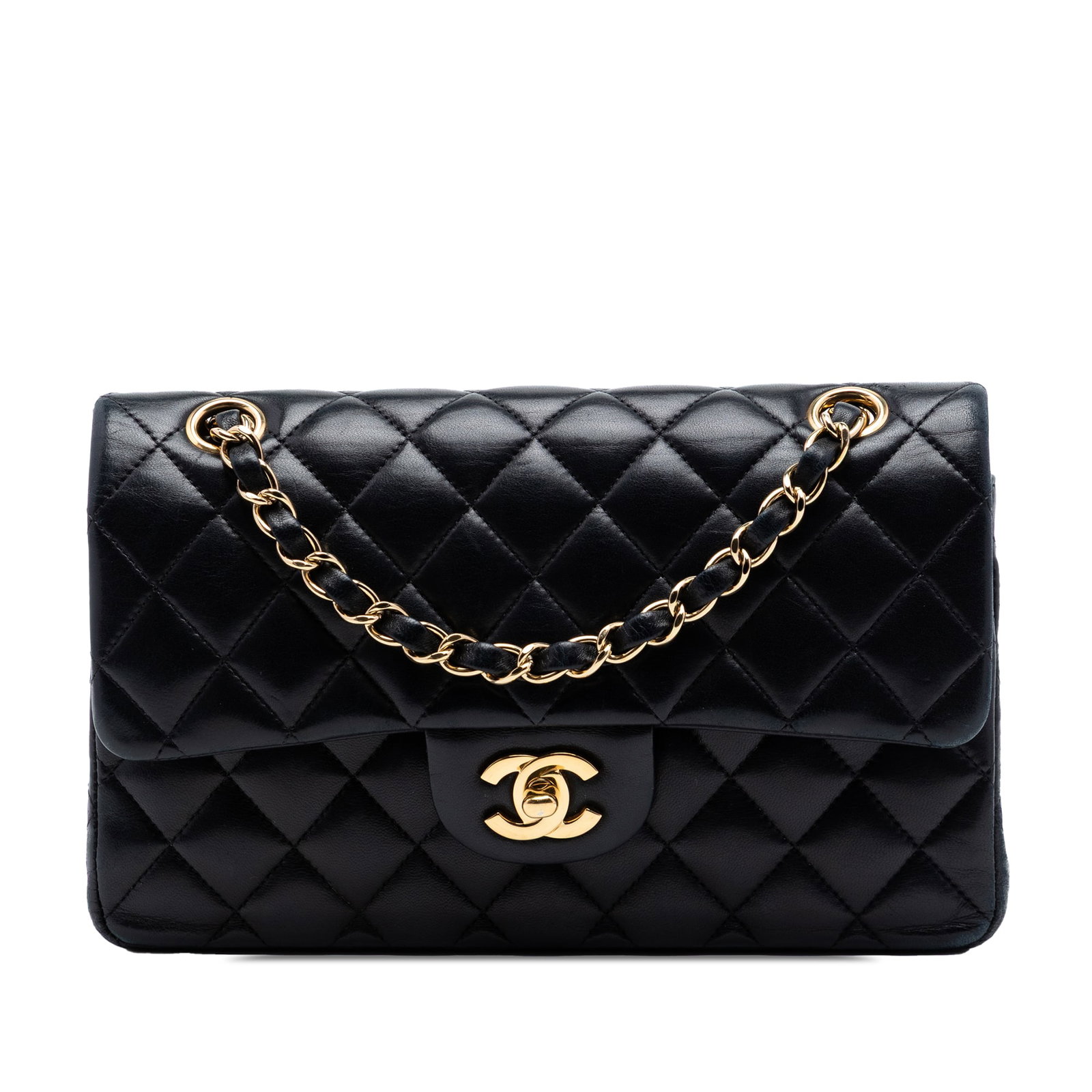 Chanel Small Classic Double Flap Shoulder Bag Black Lambskin: Chanel Small Classic Double Flap Shoulder Bag Black Lambskin Chanel Small Classic Lambskin Double Flap shoulder bag in black quilted lambskin leather. It features leather-woven chain link straps, doub