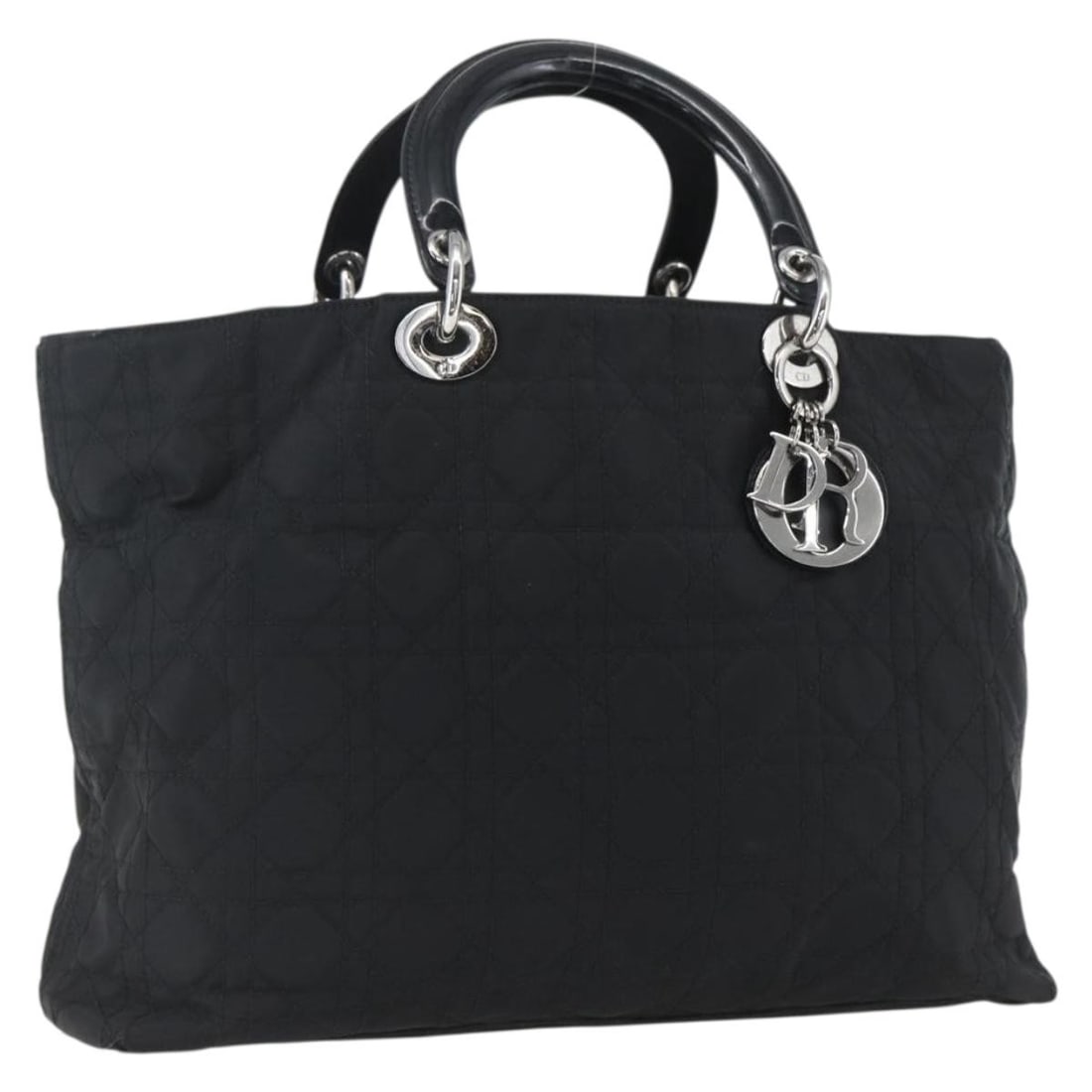 Lady Dior Black Nylon Handbag with Silver Accents and Charm: Lady Dior Black Nylon Handbag with Silver Accents and Charm This Christian Dior Lady Dior handbag features black nylon exterior with silver-tone accents. Designed for women, the bag offers a structure