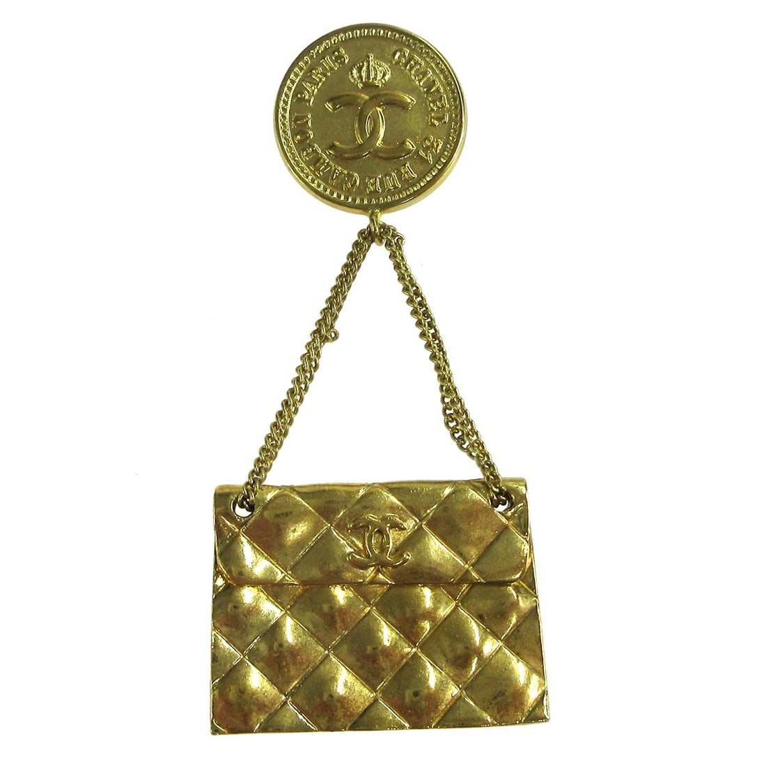Gold Plated Chanel CC Logo Brooch Pin Made in France: Gold Plated Chanel CC Logo Brooch Pin Made in France Gold-plated CHANEL brooch pin in a bag-inspired design, made in France. The piece is described as fair condition with discoloration and measures ap