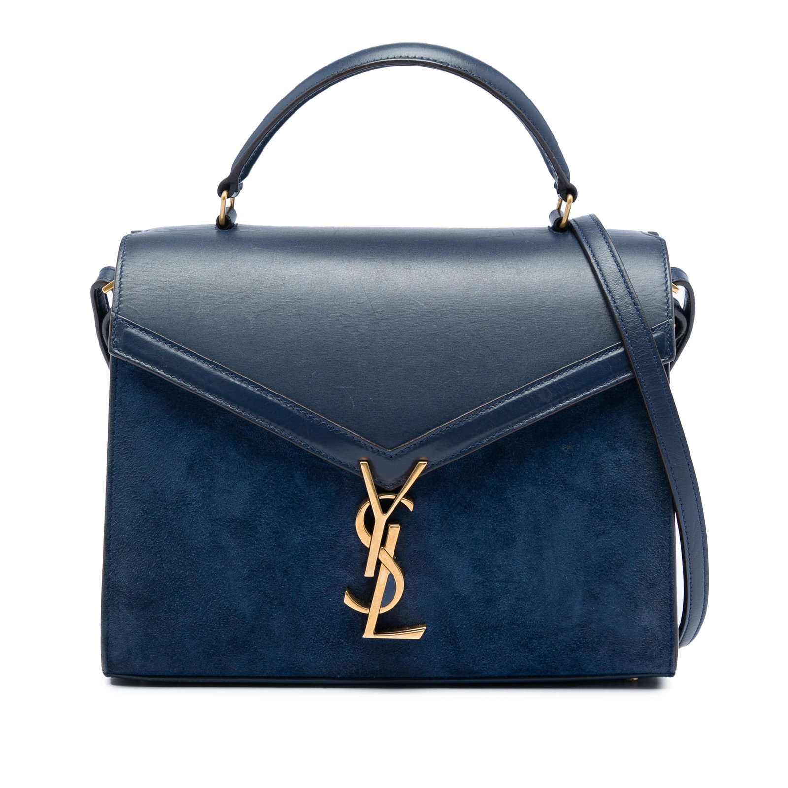 Saint Laurent Cassandra Medium Blue Suede Calfskin Top Handle Bag: Saint Laurent Cassandra Medium Blue Suede Calfskin Top Handle Bag Saint Laurent Cassandra top handle bag crafted in suede and calfskin leather with a structured silhouette. It features a flat top hand