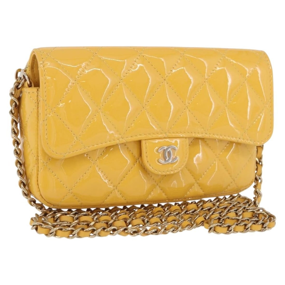CHANEL Coco Mark Patent Leather Shoulder Bag Yellow Gold CC: CHANEL Coco Mark Patent Leather Shoulder Bag Yellow Gold CC Chanel Coco Mark chain shoulder bag in yellow and gold patent leather. This women's shoulder bag includes a dust bag and item box. Condition