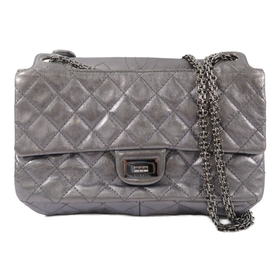 CHANEL 2.55 Reissue CC Shoulder Bag Silver Calfskin: CHANEL 2.55 Reissue CC Shoulder Bag Silver Calfskin CHANEL CC 2.55 Reissue chain shoulder bag in silver calfskin leather. This women's shoulder bag features a silver-tone frame color, a magnetic pocke