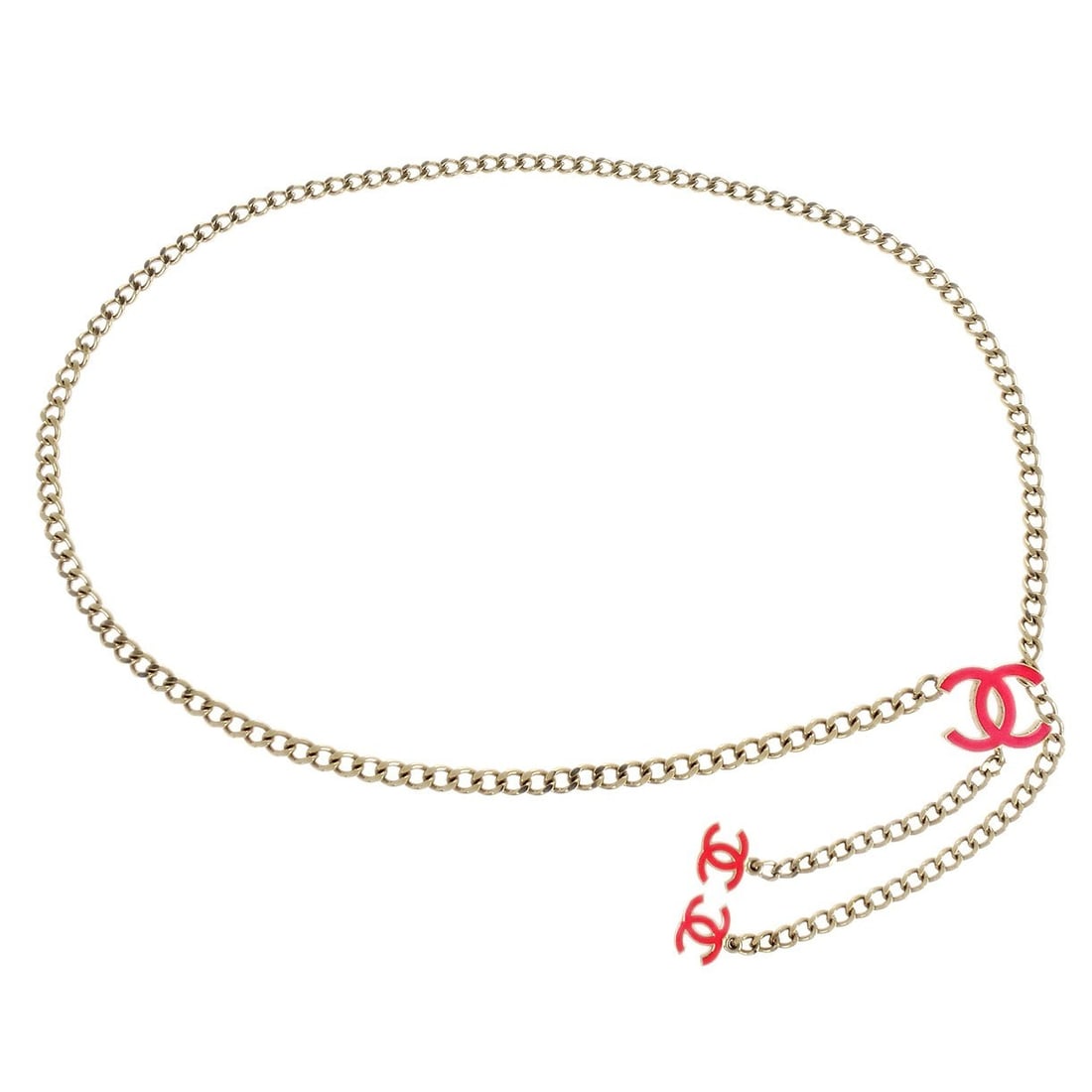 Chanel 04A CC Chain Belt Gold Plated One Size: Chanel 04A CC Chain Belt Gold Plated One Size Chanel chain belt for women in gold plated metal with pink accents and a CC top detail. This one-size belt is marked 04A and is presented in very good con