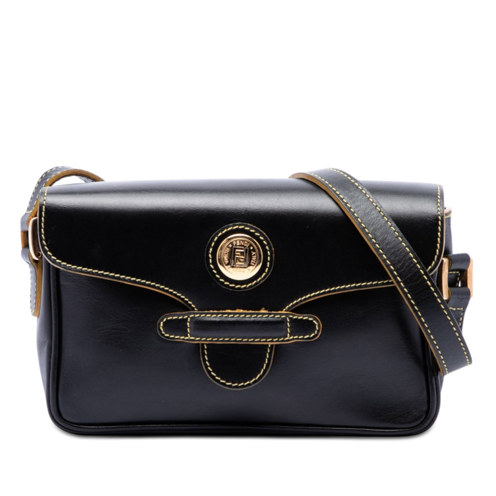 Fendi Smooth Calfskin Leather Crossbody Bag Black: Fendi Smooth Calfskin Leather Crossbody Bag Black Black leather crossbody bag with an adjustable flat leather strap, front flap with pull-through closure, and interior zip and slip pockets. Made in It