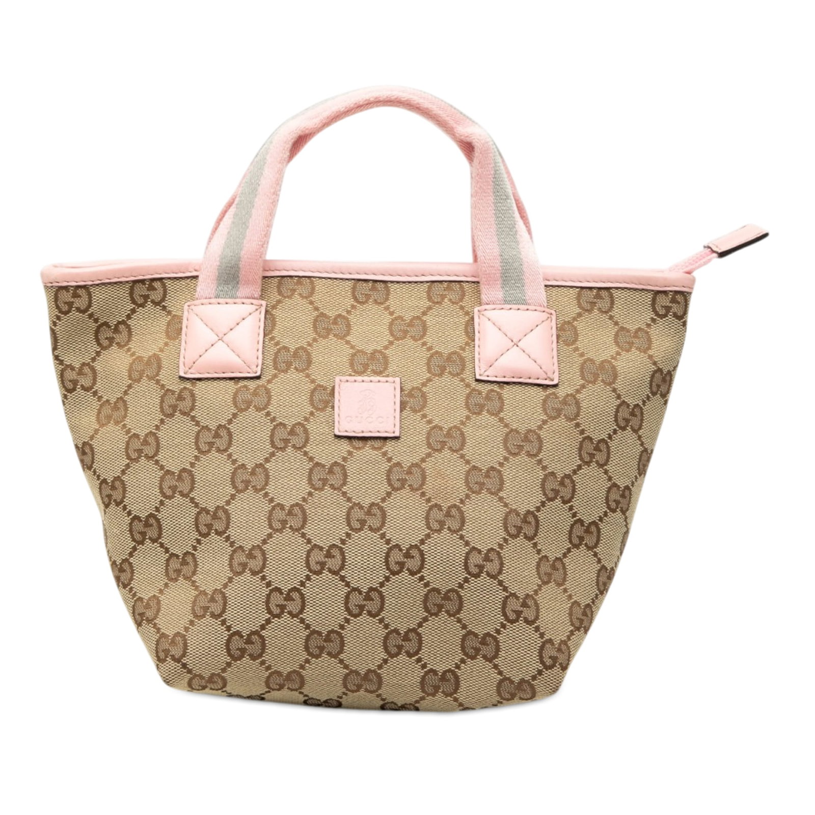 Gucci beige canvas mini web handbag with leather trim: Gucci beige canvas mini web handbag with leather trim This Gucci Childrens Mini GG Canvas Web Handbag features a canvas body with leather trim, flat web handles, a top zip closure, and an interior sli