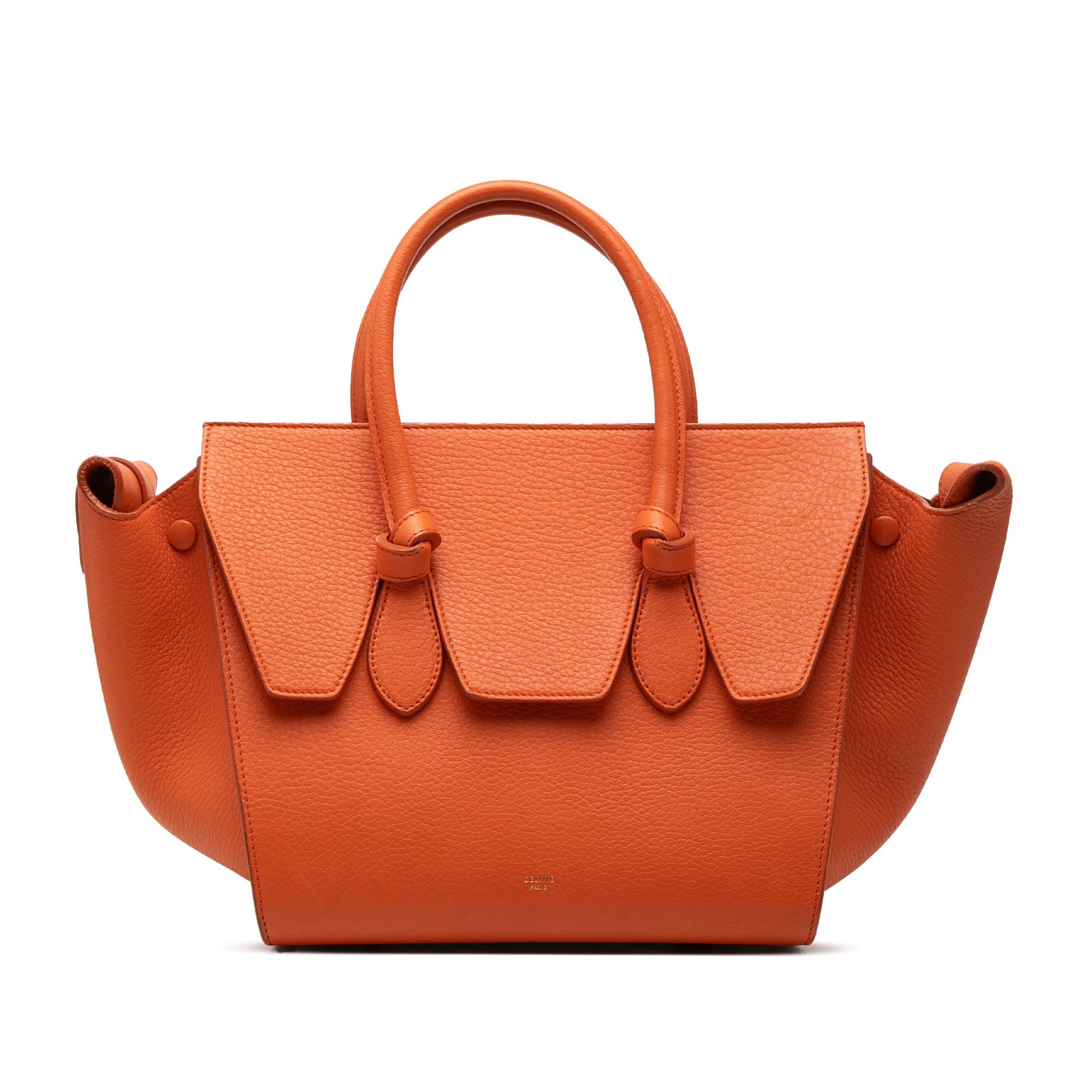 Celine Tie Knot Orange Grained Calfskin Handbag: Celine Tie Knot Orange Grained Calfskin Handbag This Celine Small Grained Calfskin Tie Knot Handbag is crafted from orange leather and features rolled leather handles, a top flap with pull-through clo