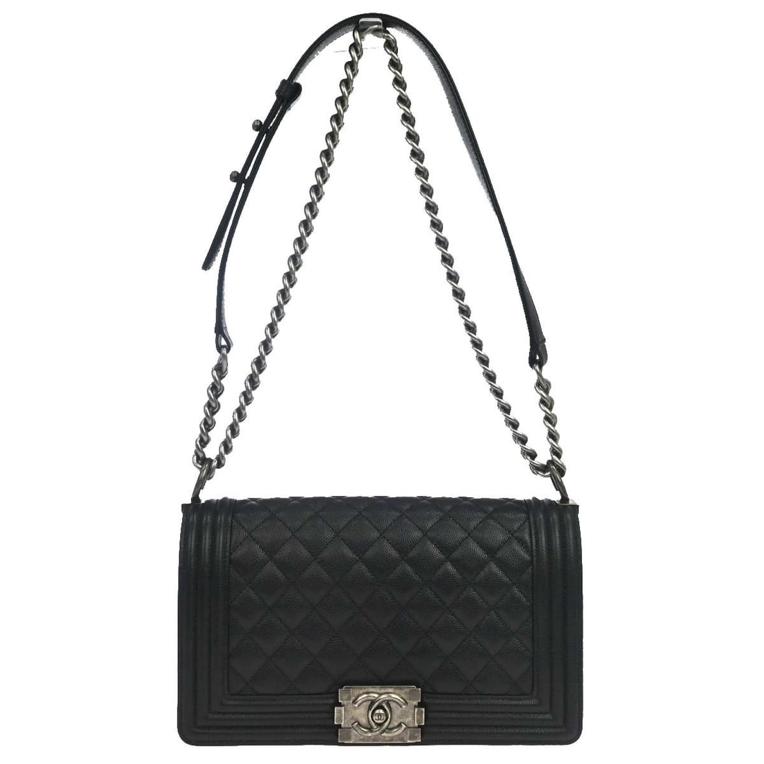 CHANEL Boy Medium Shoulder Bag Black Caviar Leather Chain Strap: CHANEL Boy Medium Shoulder Bag Black Caviar Leather Chain Strap Medium Boy Chanel shoulder bag in black caviar skin leather with a push-lock closure, chain shoulder strap, fabric lining, and one inter