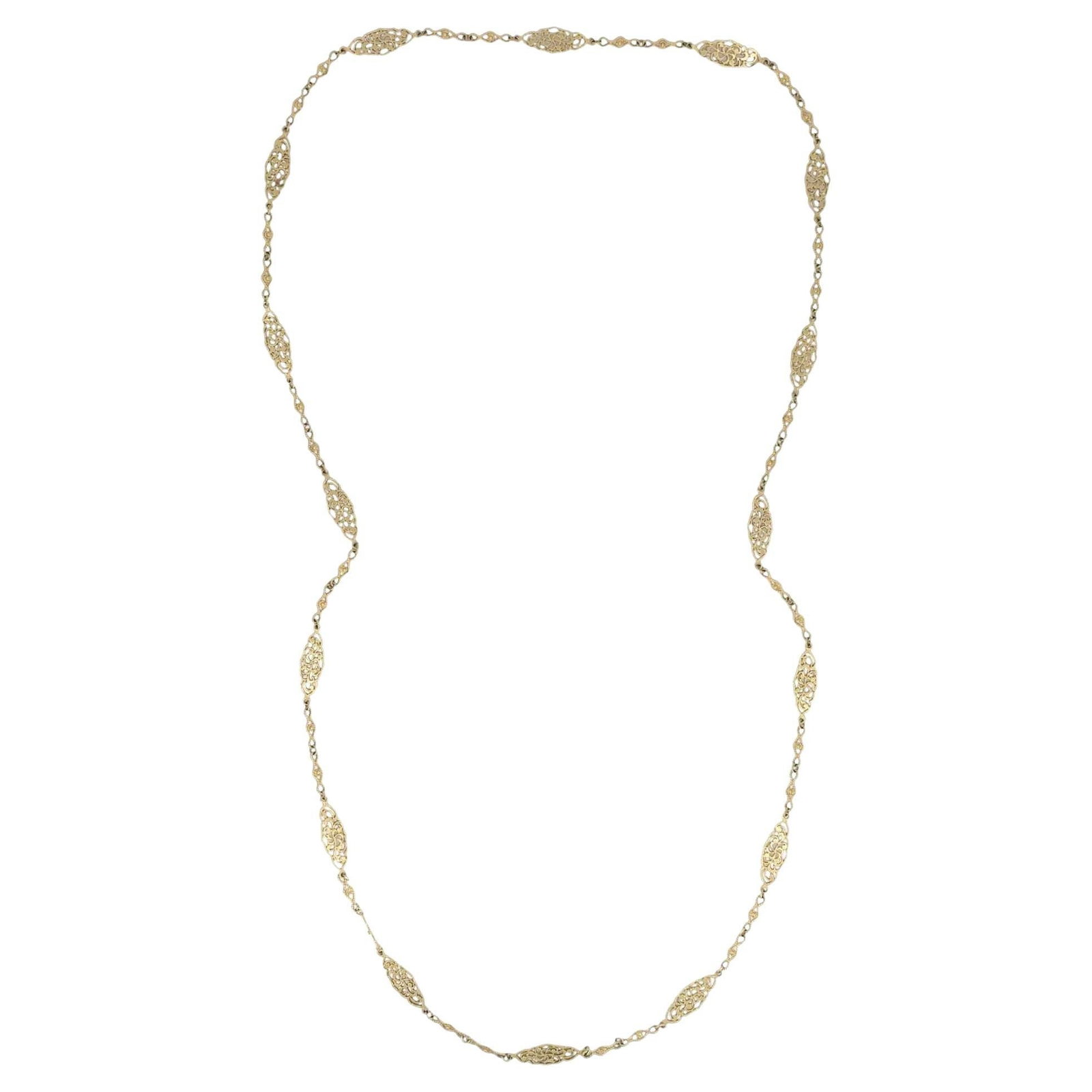 1970s 14K Yellow Gold Filigree Marquise Link Necklace 35 In: 1970s 14K Yellow Gold Filigree Marquise Link Necklace 35 In Vintage 14K yellow gold long chain necklace from the 1970s featuring repeating openwork marquise-shaped stations with a pierced, lace-like f