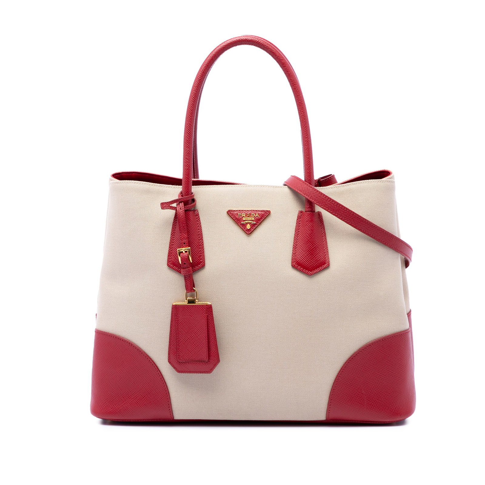 Prada Canapa Double Large Satchel in Beige Canvas Leather Trim: Prada Canapa Double Large Satchel in Beige Canvas Leather Trim Prada Large Saffiano Trimmed Canapa Double Satchel in beige canvas with saffiano leather trim. This satchel features rolled leather handl