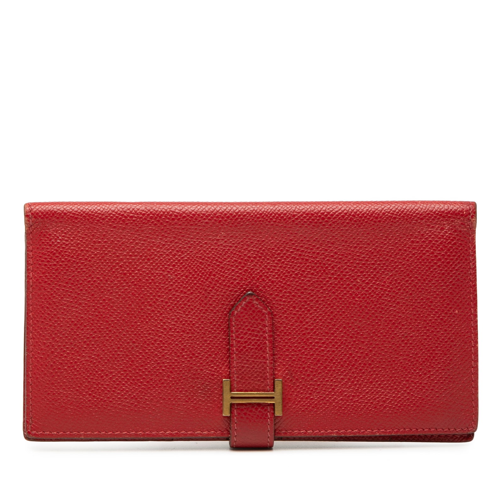 Hermes Bearn Long Wallet in Red Epsom Leather: Hermes Bearn Long Wallet in Red Epsom Leather Hermes Bearn long wallet in red Epsom leather with a flat leather strap and pull-through closure. The interior includes zip and slip pockets. Condition is