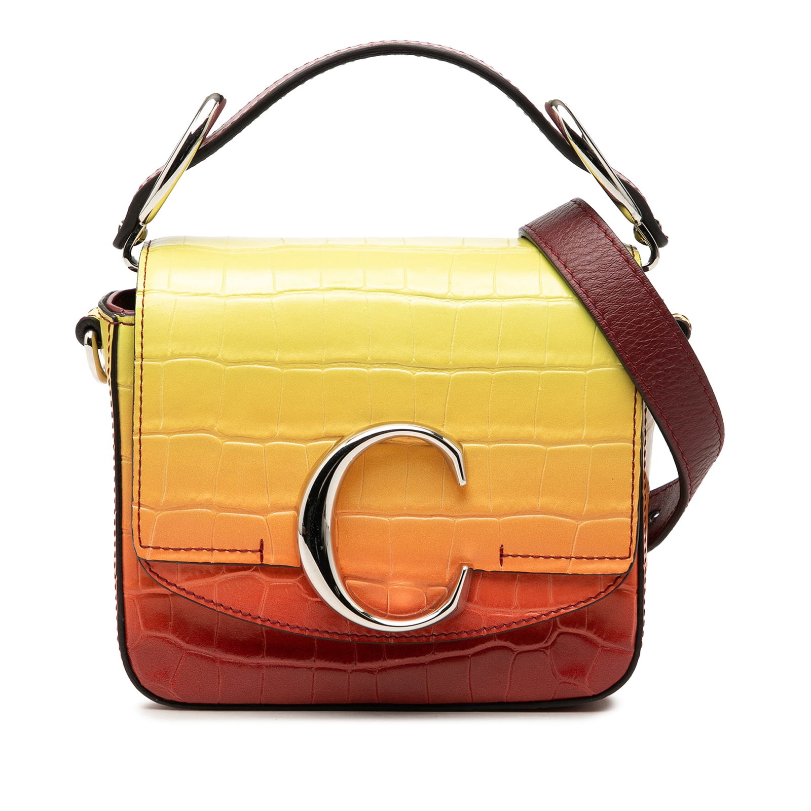 Chloe C Satchel Mini Ombre Croc Embossed Calfskin Leather Bag: Chloe C Satchel Mini Ombre Croc Embossed Calfskin Leather Bag This is a Chloe Mini Croc Embossed Ombre Calfskin C Satchel in yellow, made in Italy. It features an embossed leather body, a flat leather