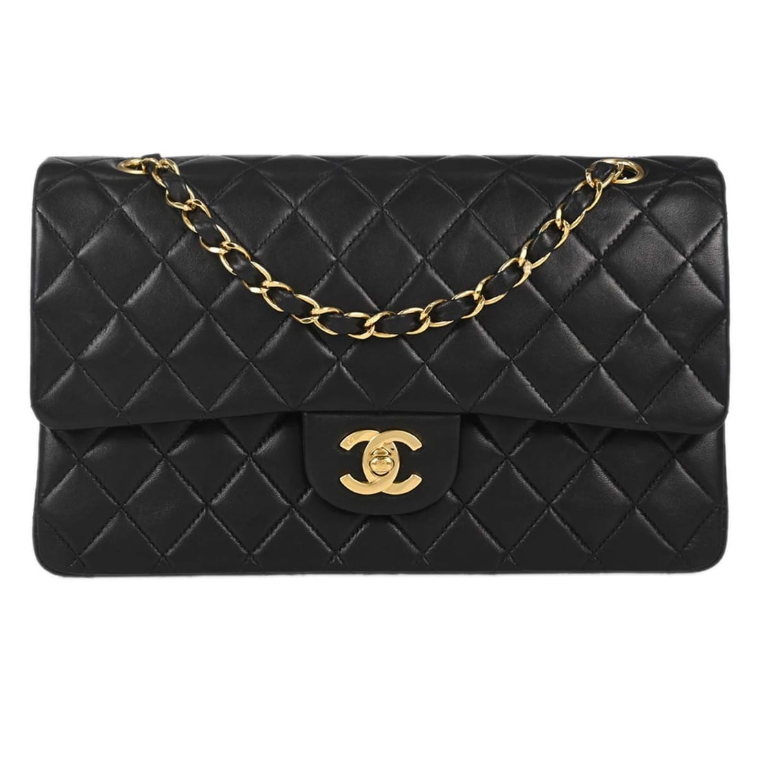 CHANEL Classic Double Flap Medium Shoulder Bag Black Lambskin: CHANEL Classic Double Flap Medium Shoulder Bag Black Lambskin Chanel Medium Classic Double Flap shoulder bag in black lambskin leather with a turn-lock closure and shoulder strap. This women's bag inc