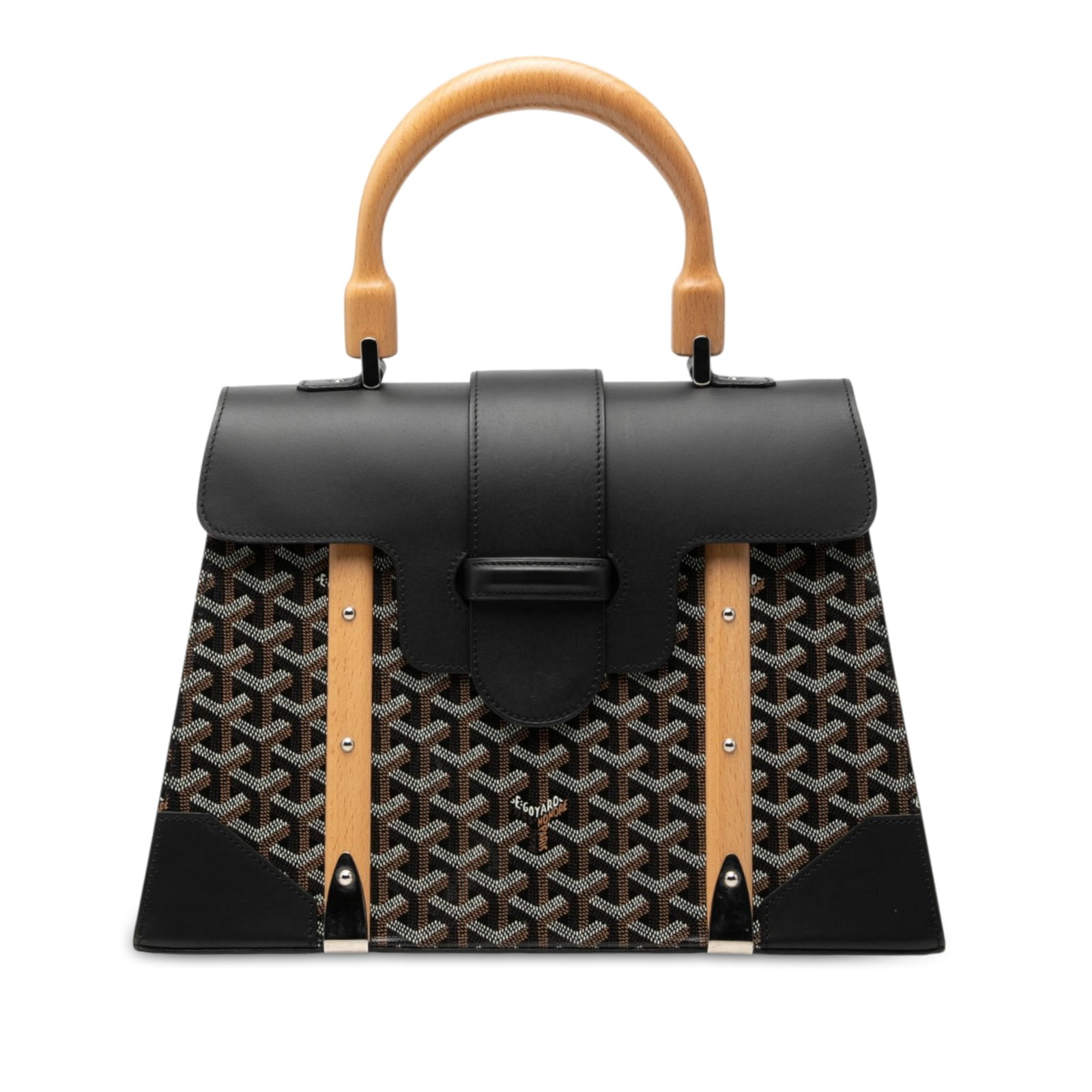 Goyard Goyardine Saigon Structured MM black handbag: Goyard Goyardine Saigon Structured MM black handbag Structured Goyardine Saigon MM bag crafted with a coated canvas body and leather trim. It features a wooden top handle, a front flap with slip-throu