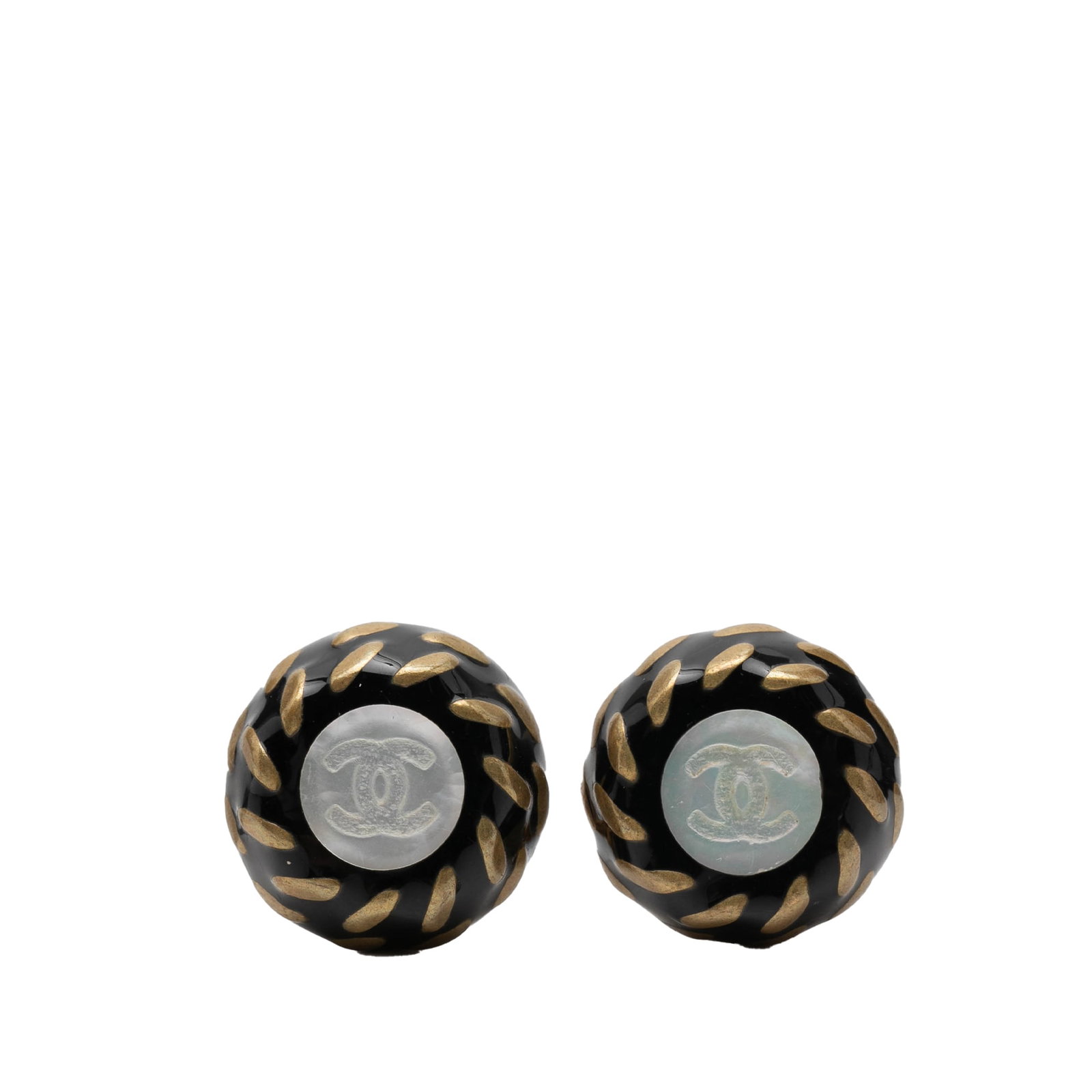 Chanel CC Button clip on resin earrings gold tone: Chanel CC Button clip on resin earrings gold tone These Chanel clip-on earrings feature a black resin and gold-tone metal construction, accented by the iconic CC button design. Made in France, these c